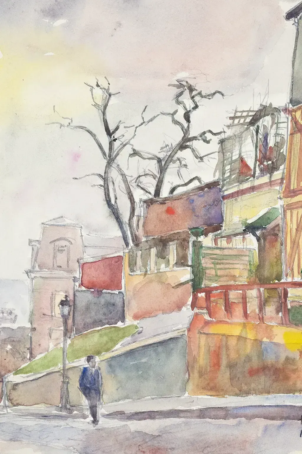 Watercolor By Henri Geoffroy, Montmartre 1952 – Urban Scene With Half Timbered Houses photo for sale