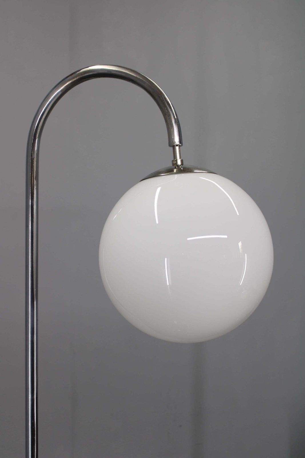 Art Deco Chrome Floor Lamp, Milk Glass Globe, Walnut Base, 1930s Czechoslovakia photo furniture