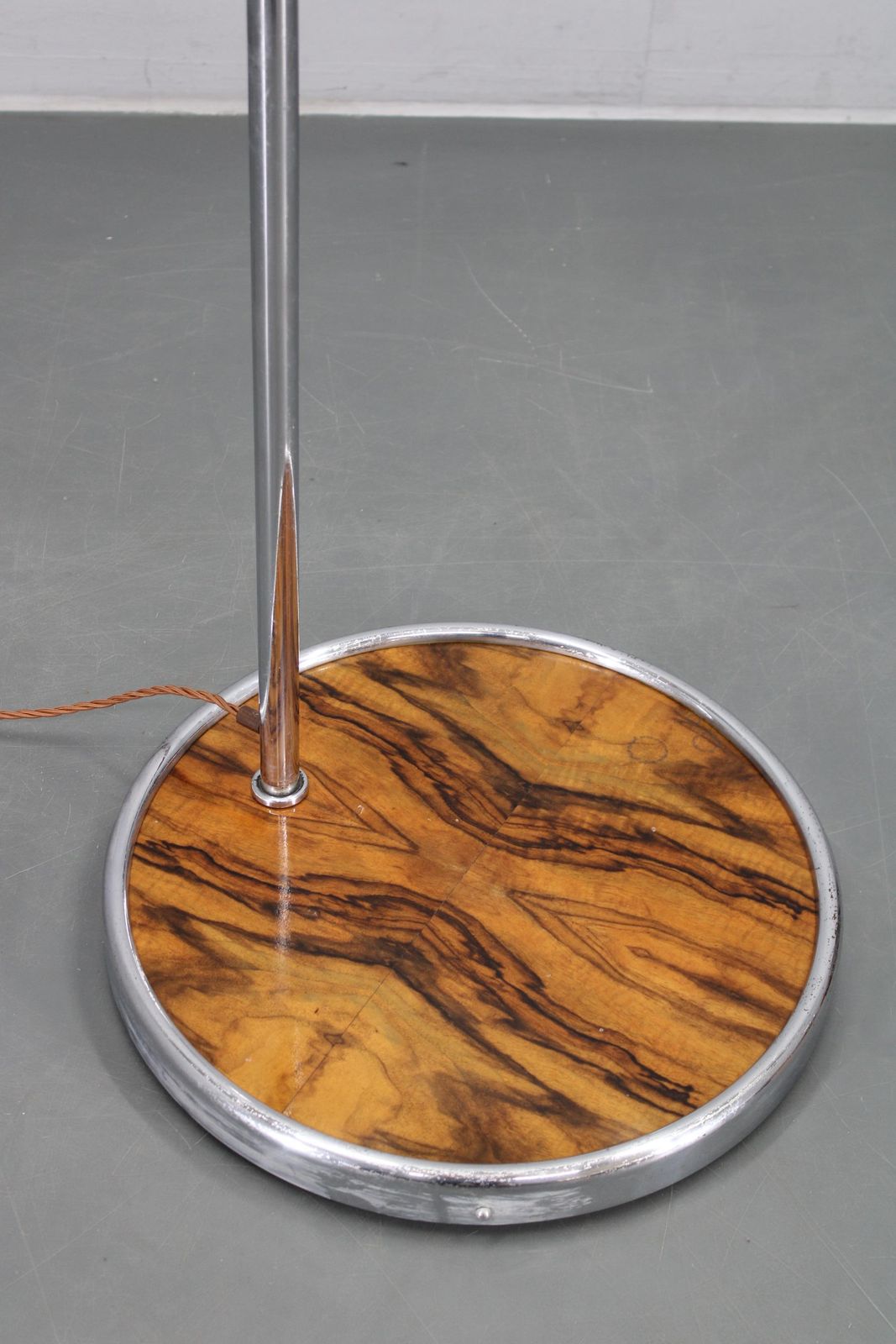 Art Deco Chrome Floor Lamp, Milk Glass Globe, Walnut Base, 1930s Czechoslovakia photo for sale