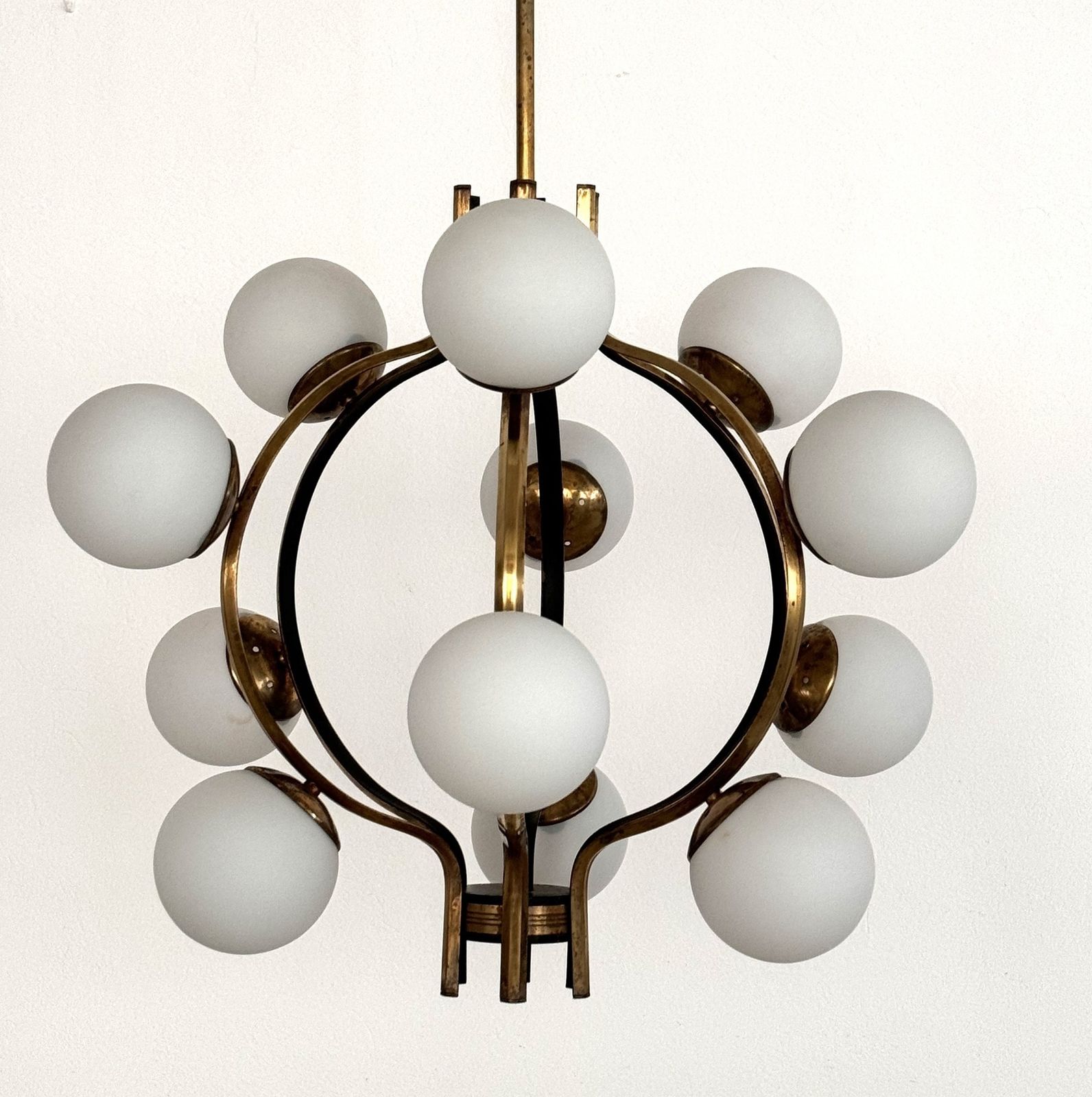 Stilnovo Italian Brass And Opaline Glass Chandelier, 1950s photo furniture