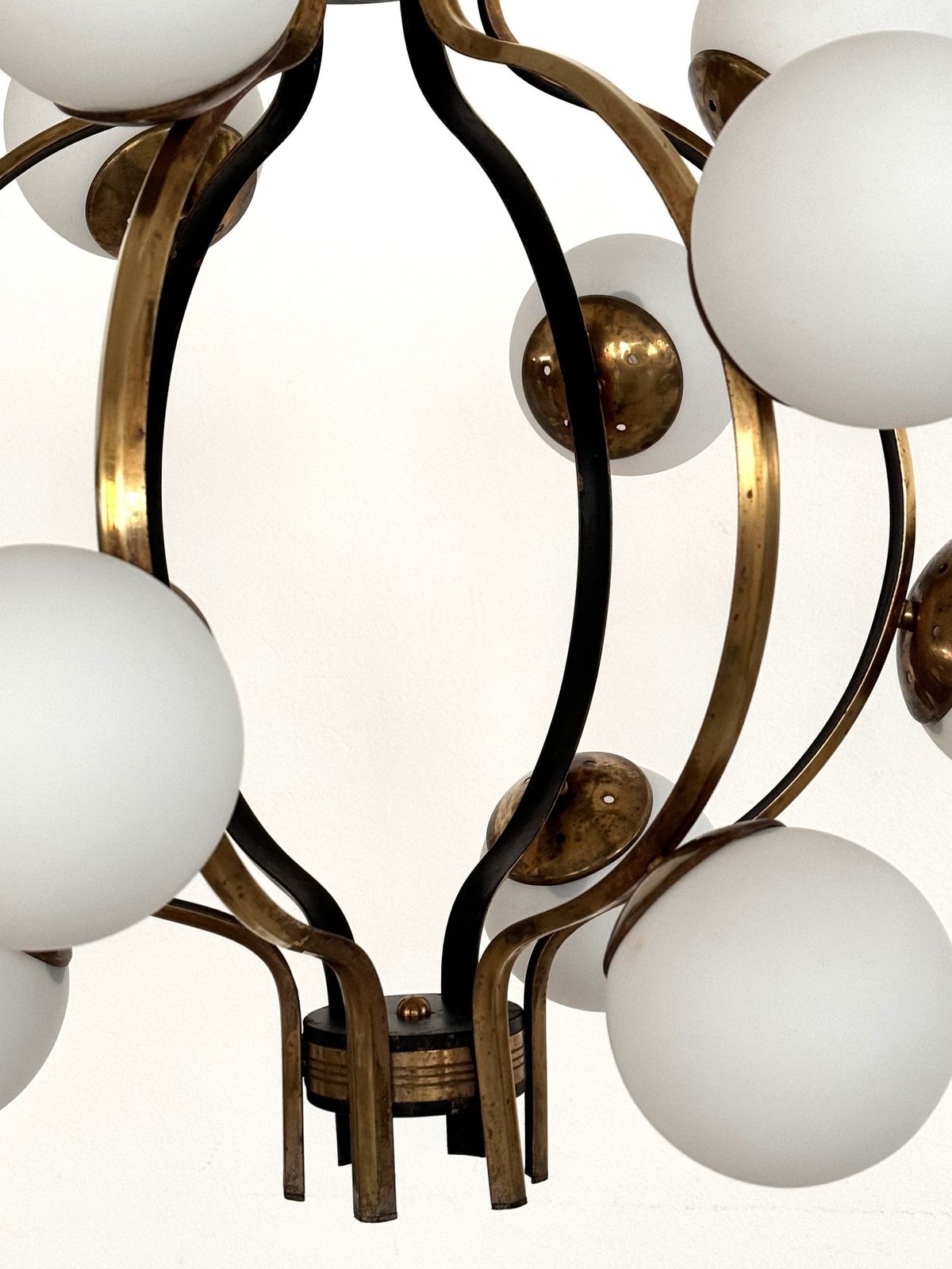 3900.0 Stilnovo Italian Brass And Opaline Glass Chandelier, 1950s photo