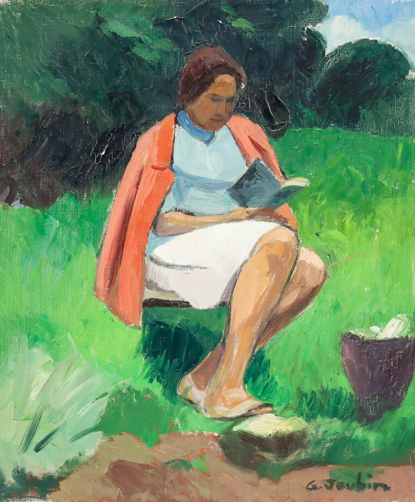 Georges Joubin (1888 1983)   1966 Oil, Reading In The Park photo furniture