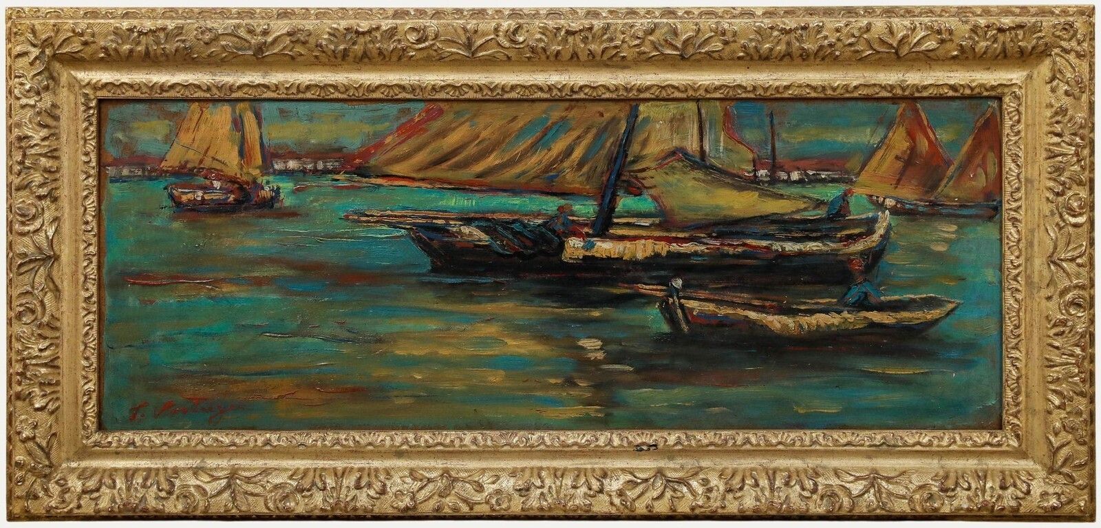 Framed 20th Century Oil   Boats At Sunset