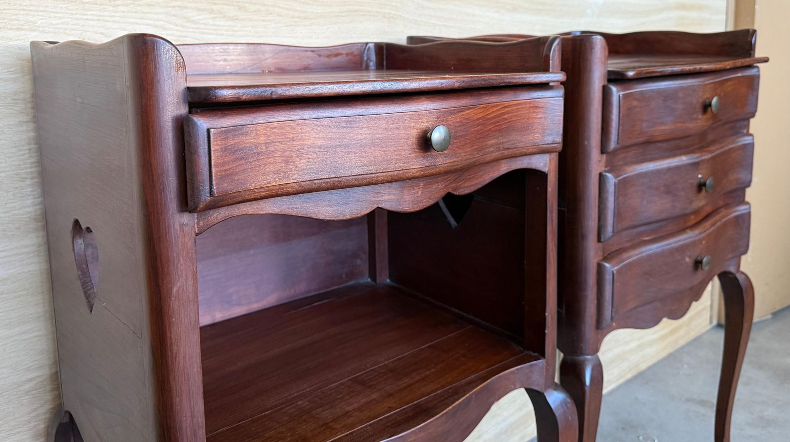 2771.0 Pair Of French Walnut Bedside Tables With Heart Shaped Open Shelf / Three Drawers photo