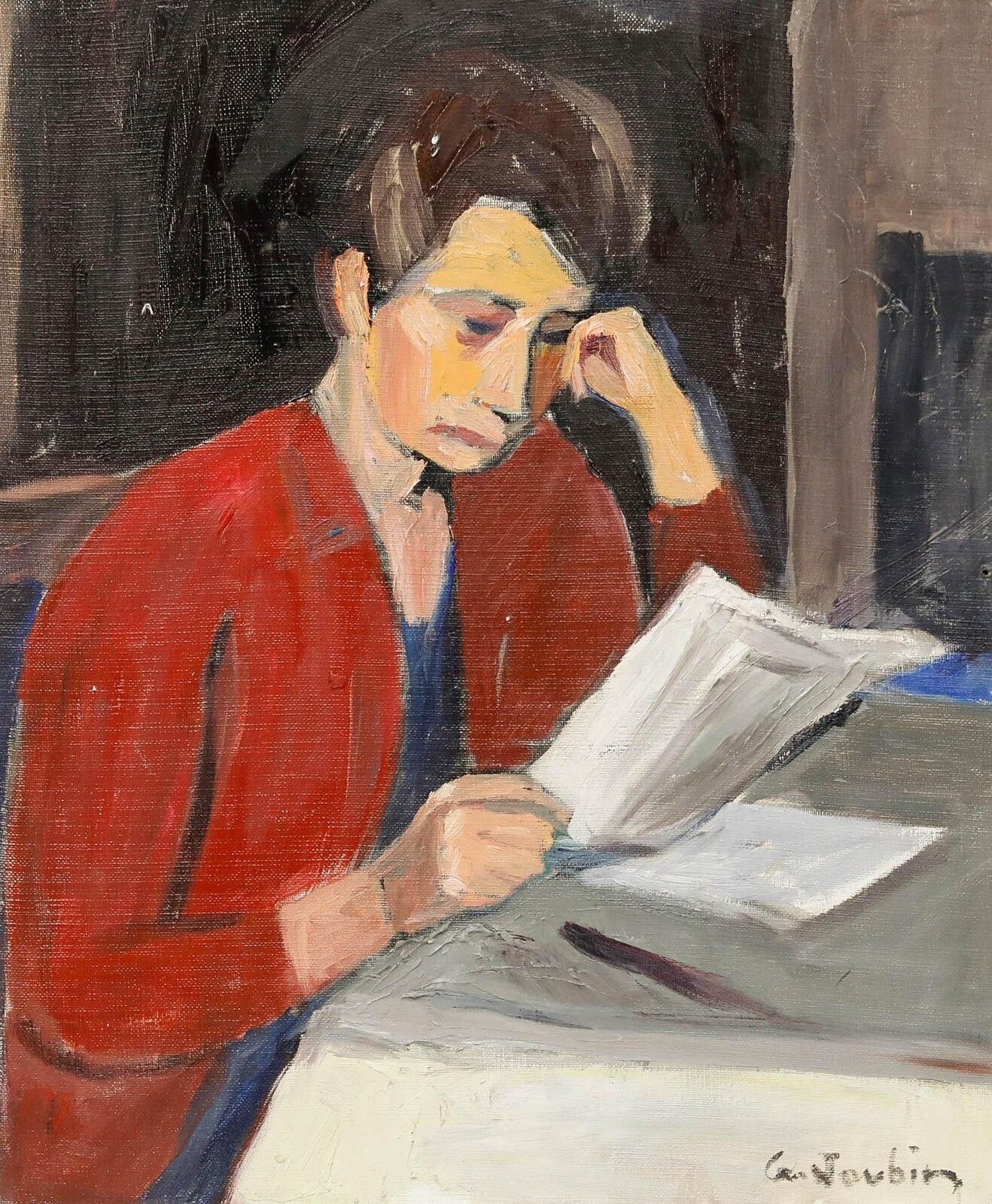 Georges Joubin (1888 1983)   Modernist 1970 Oil, Woman Reading photo furniture