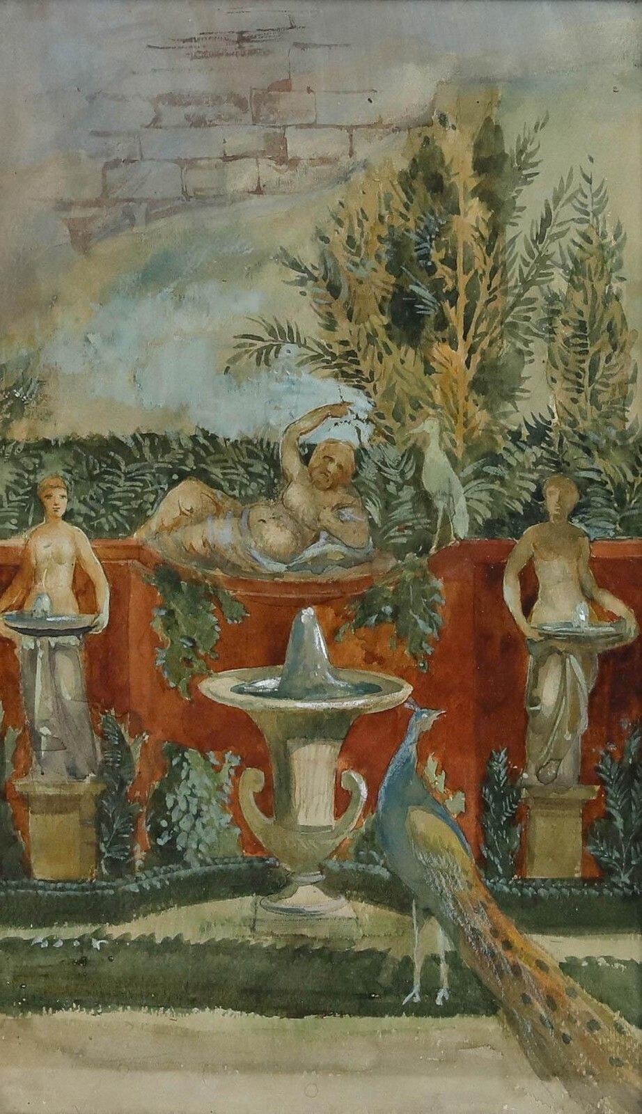 Adolf Schill (1848 1911)   Late 19th Century Watercolour, Peacock And Fountain photo furniture