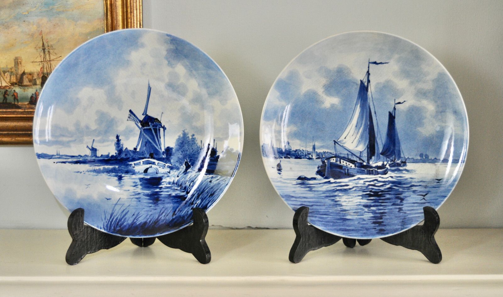 A Fine Pair Of 9" Royal Delft Hanging Pictured Plates, Date 1917, Hand Painted