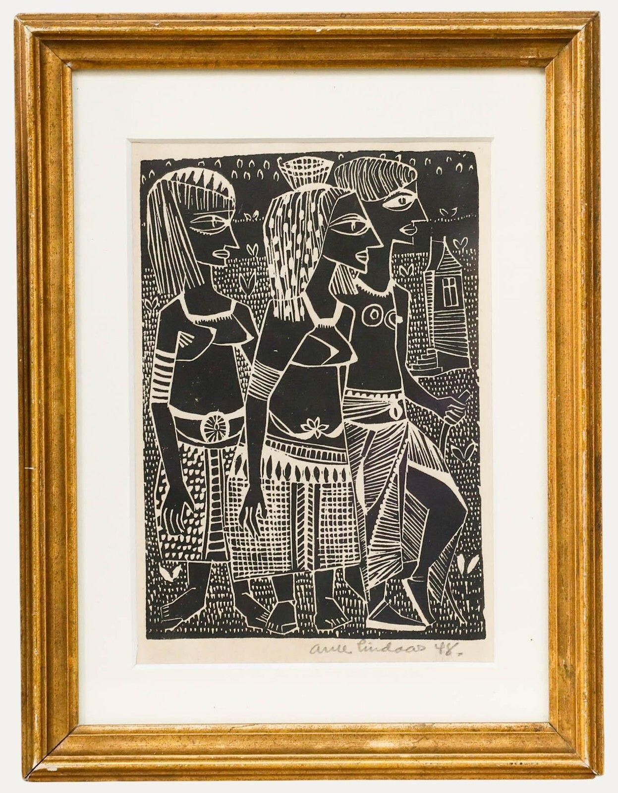 Arne Lindaas (1924 2011)   Framed 1948 Wood Engraving, Three Native Figures