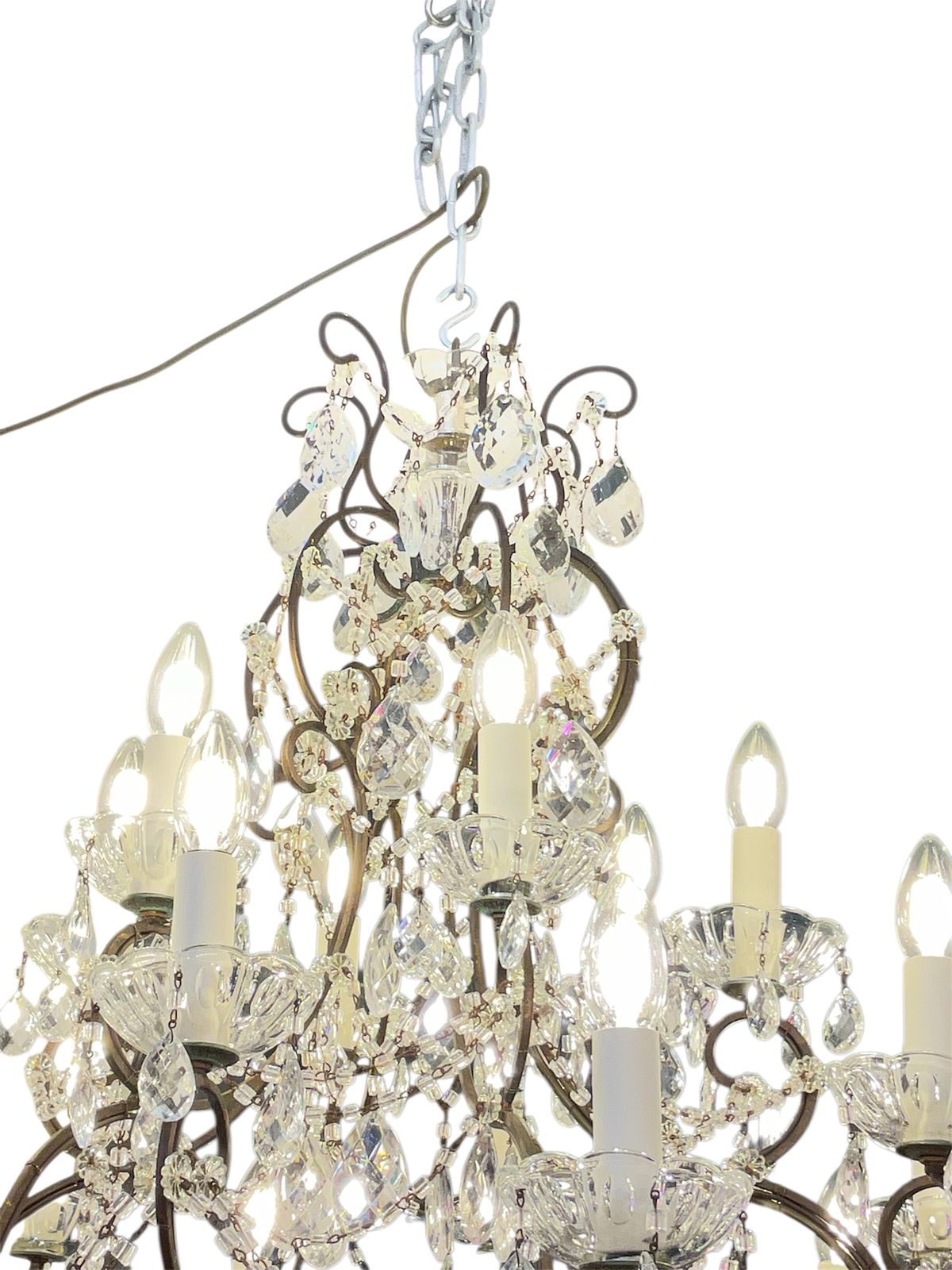 Italian 1920 30’s  Lead Crystal Drops Cage Shape  Florentine Chandelier photo vinterior