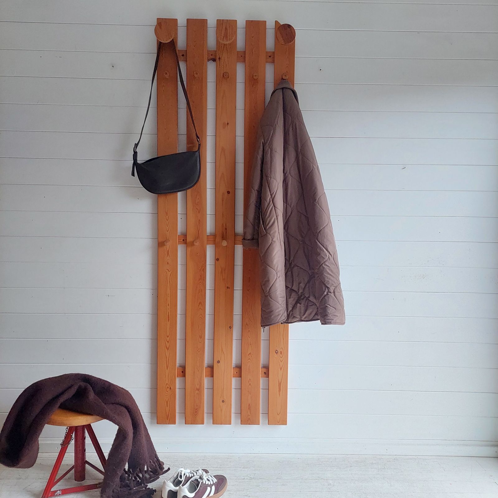 Mid Century Scandinavian Pine Coat Rack Slatted Wall Panel Tilja,  Karin Mobring Ikea, 1970s