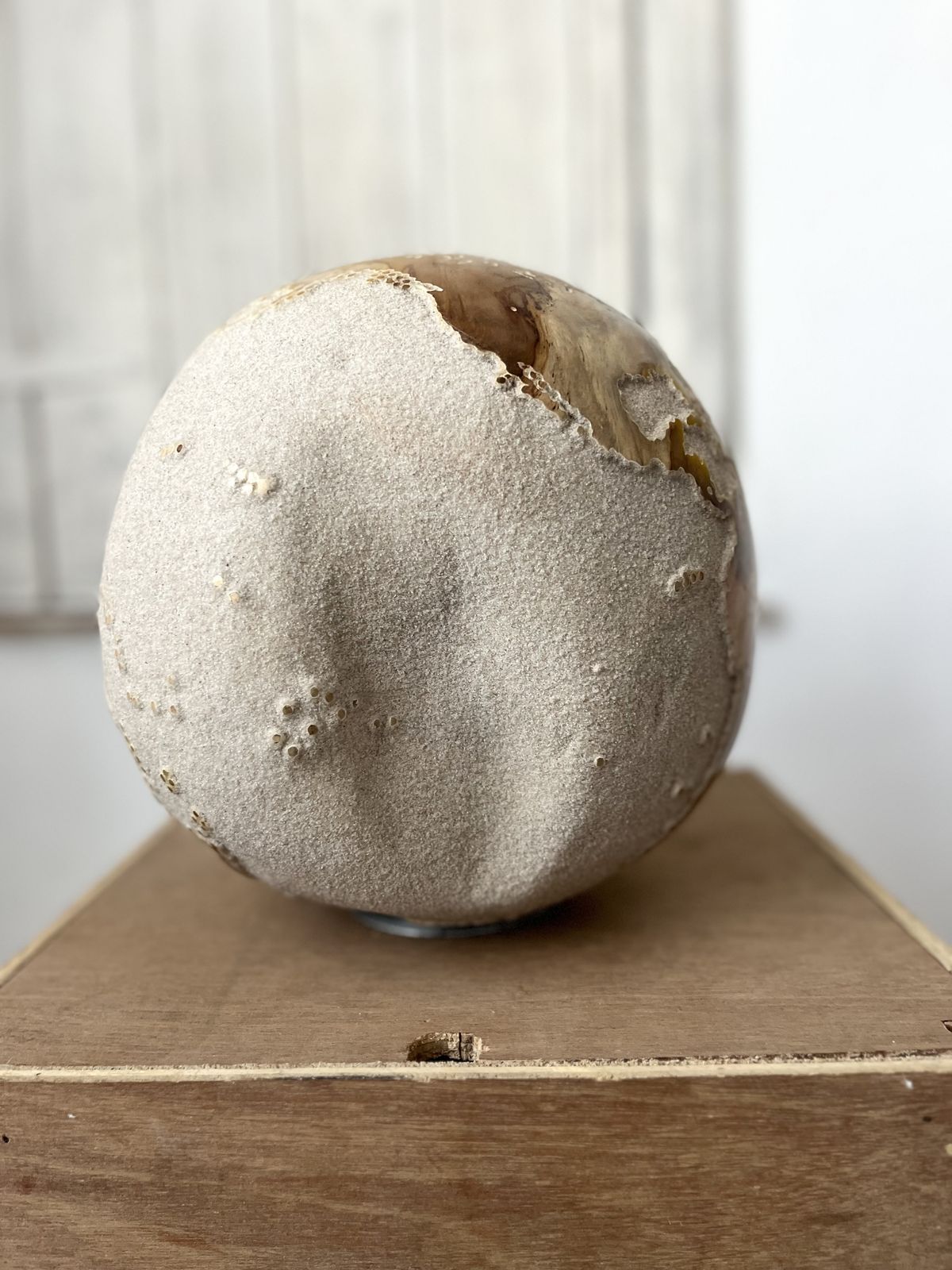 White Teak Wood & Volcanic Sand Globe 25 Cm By Bruno Helgen I D 091 Contemporary Wood Globe Sculpture photo vinterior