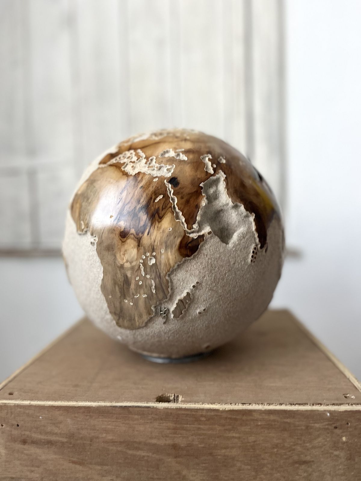 White Teak Wood & Volcanic Sand Globe 25 Cm By Bruno Helgen I D 091 Contemporary Wood Globe Sculpture photo buy