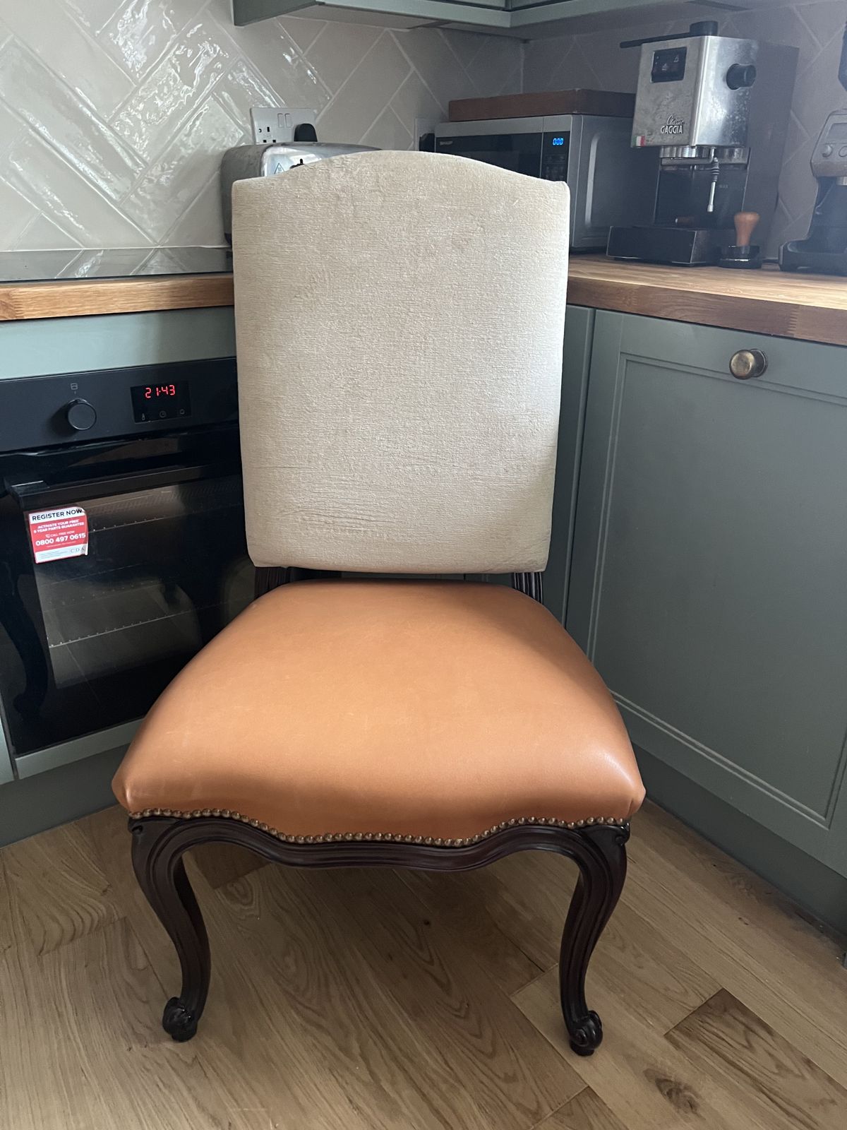 Pair Of Solid Carved Mahogany Noble Estate Dining Chair, In Beige And Light Tan