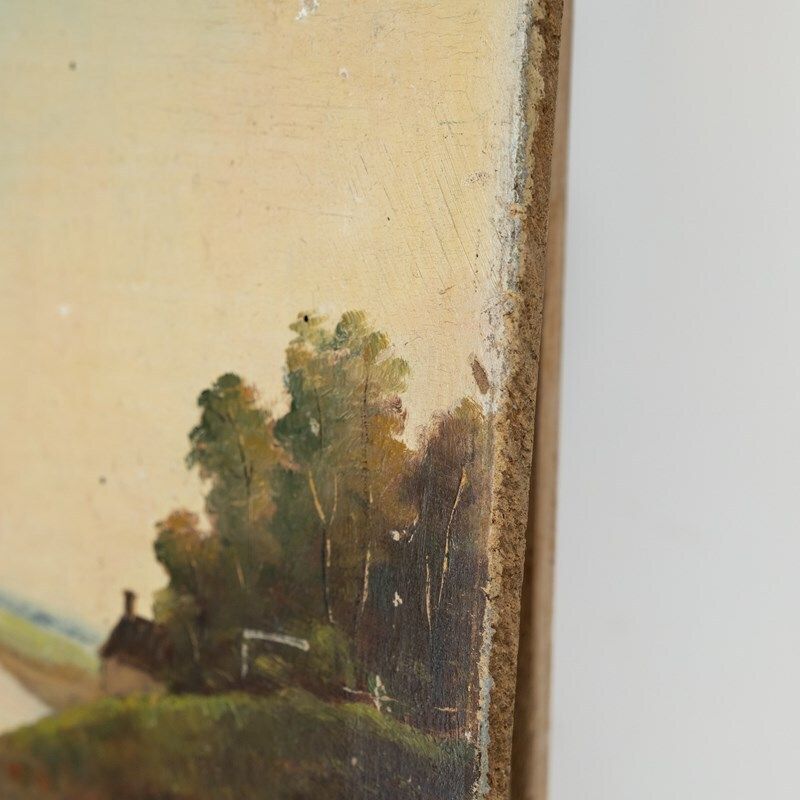 Gone Fishing   Antique French Oil On Board photo vintage