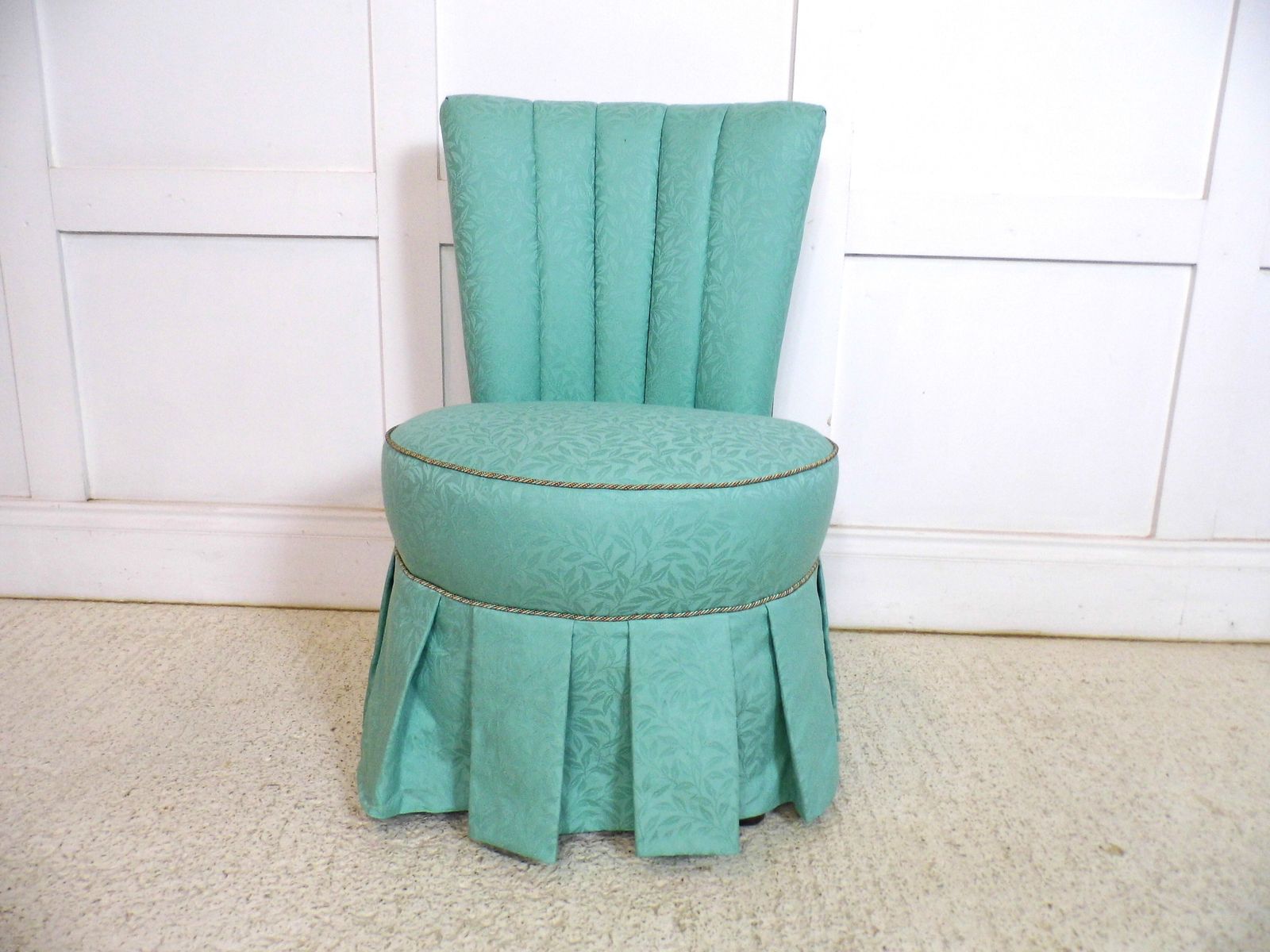 Vintage French Bedroom Boudoir Chanel Back Reupholstered Chair In Green Fabric photo vintage