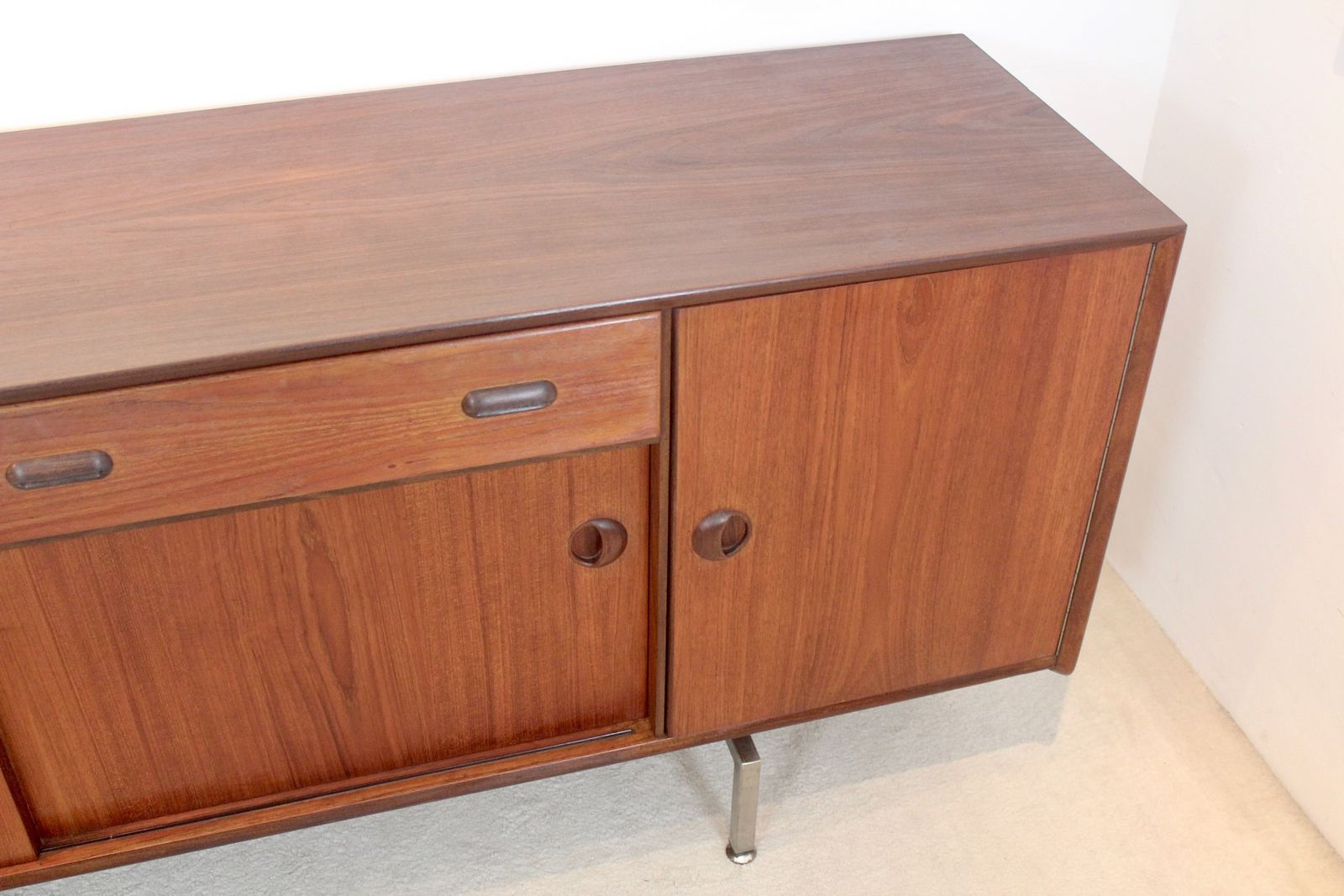 Mid Century Belgian Sideboard In Teak With Sculpted Handles And Steel Legs, 1960s photo for sale