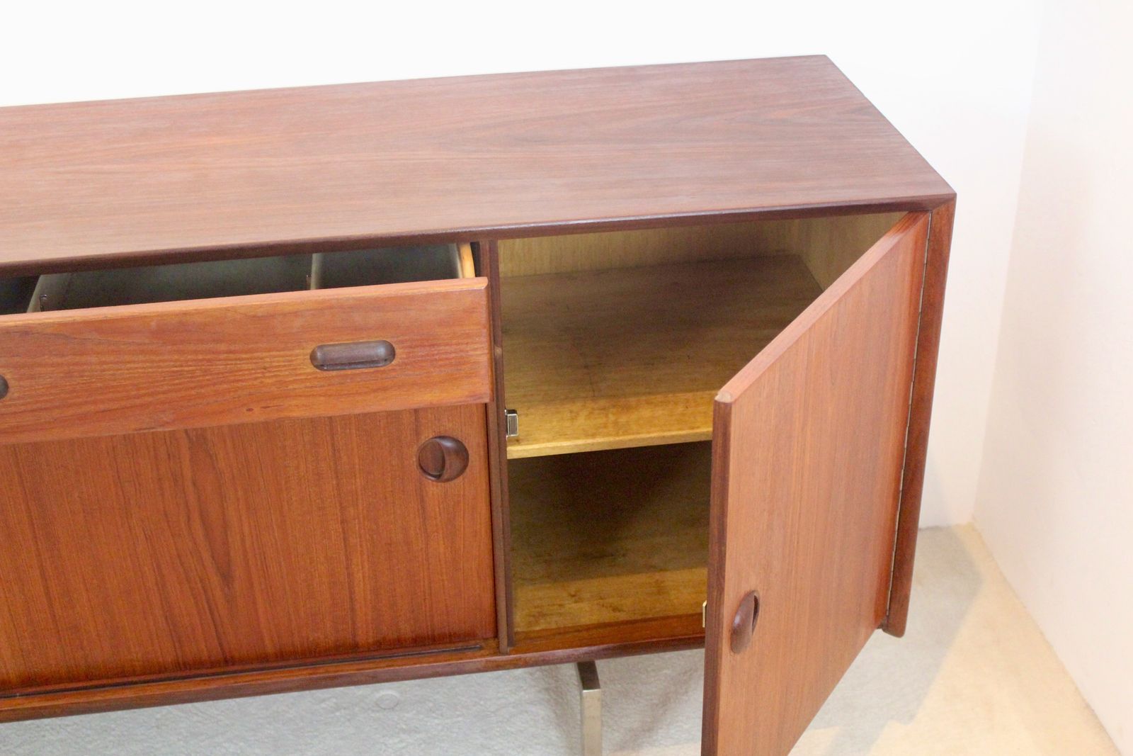 Mid Century Belgian Sideboard In Teak With Sculpted Handles And Steel Legs, 1960s photo Furniture