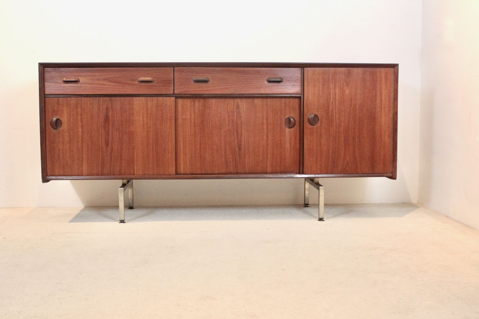 Mid Century Belgian Sideboard In Teak With Sculpted Handles And Steel Legs, 1960s photo vinterior