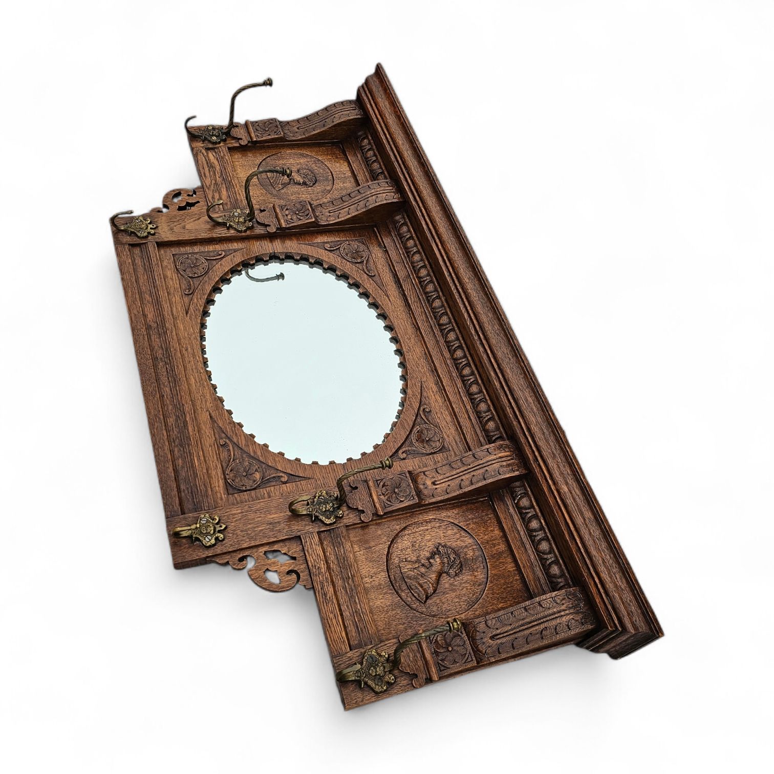 Dutch Entryway Wall Coat Rack / Solid Wood / Carved Decorations And Mirror In The Center / 1950s photo furniture