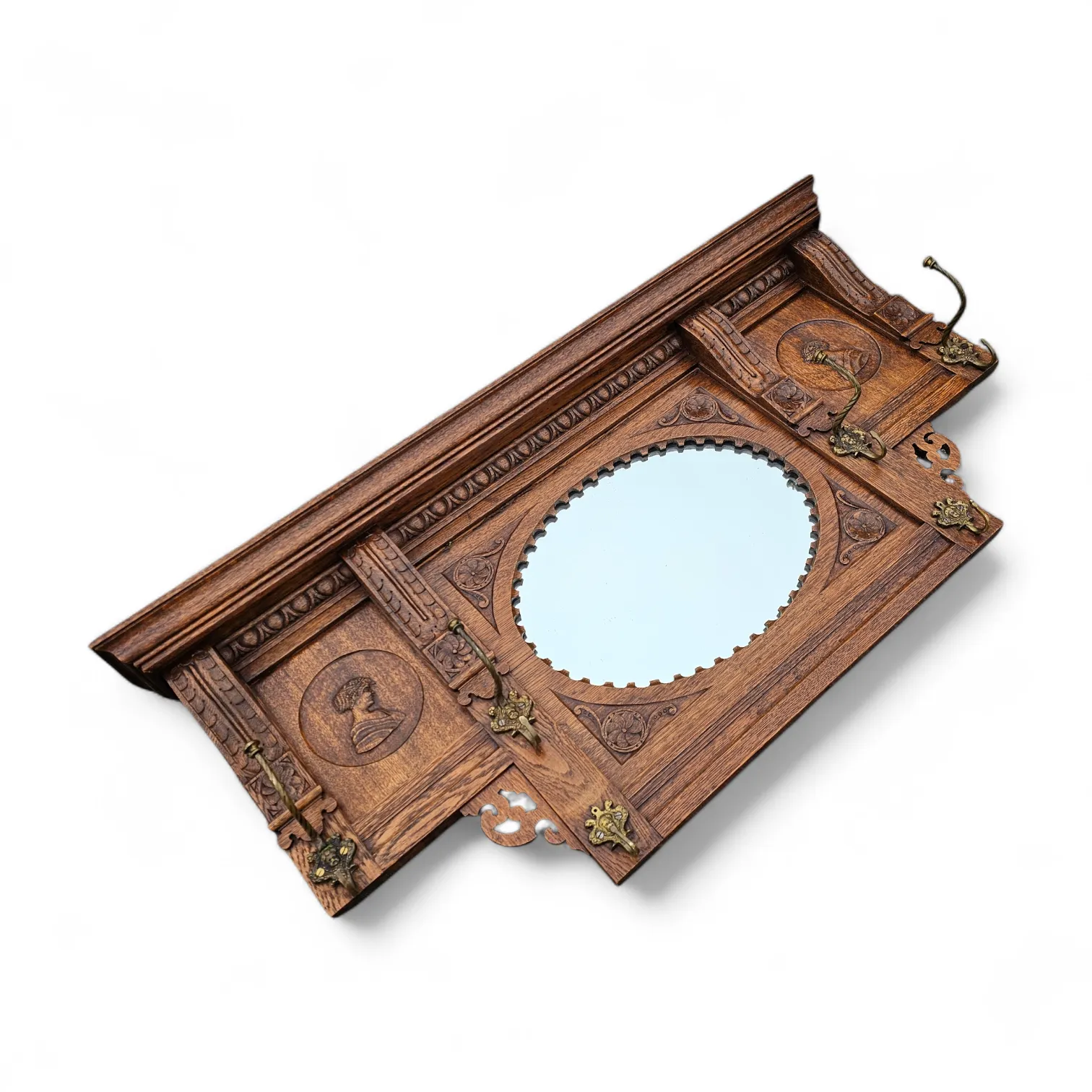 Dutch Entryway Wall Coat Rack / Solid Wood / Carved Decorations And Mirror In The Center / 1950s photo for sale