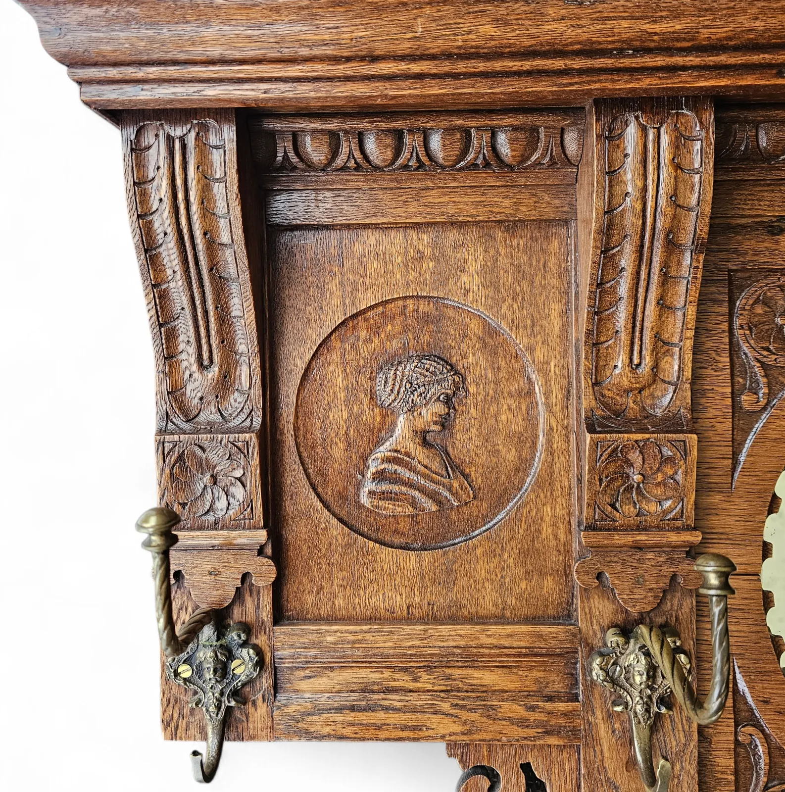 photo for sale Dutch Entryway Wall Coat Rack / Solid Wood / Carved Decorations And Mirror In The Center / 1950s