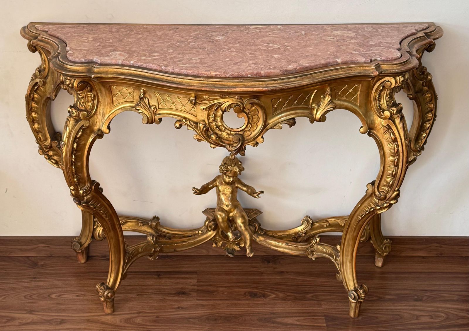 19th Baroque Carved & Gilted Walnut Ormolu With Marble Console Table And Cherub photo Furniture