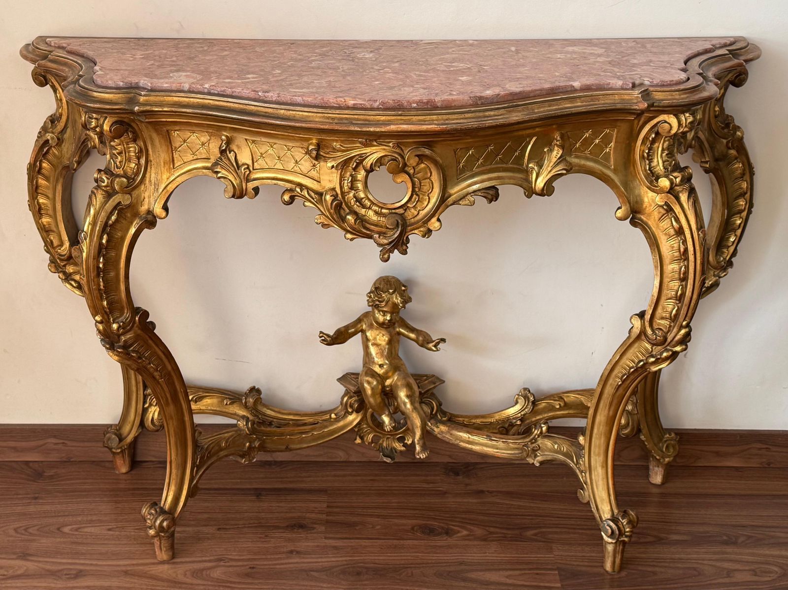 19th Baroque Carved & Gilted Walnut Ormolu With Marble Console Table And Cherub photo 5672.0