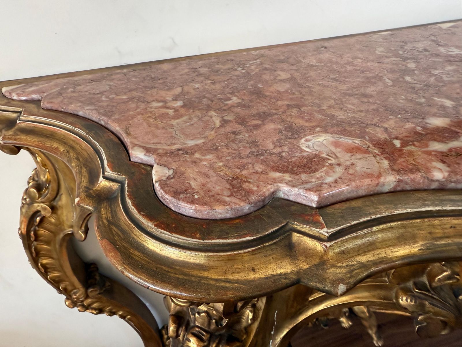 5672.0 19th Baroque Carved & Gilted Walnut Ormolu With Marble Console Table And Cherub photo