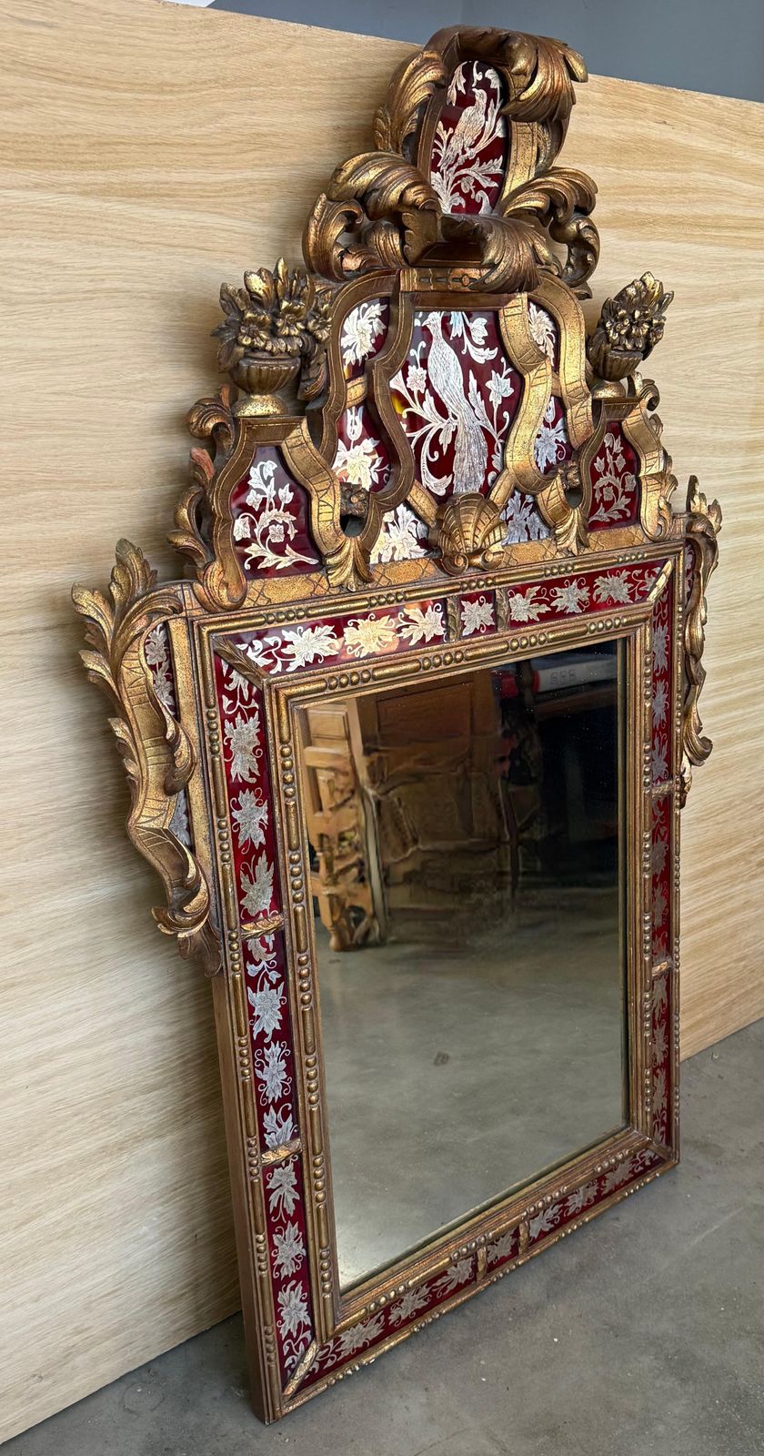 Venetian Style Carved Wood Gilted Mirror With Red Glass Border photo for sale