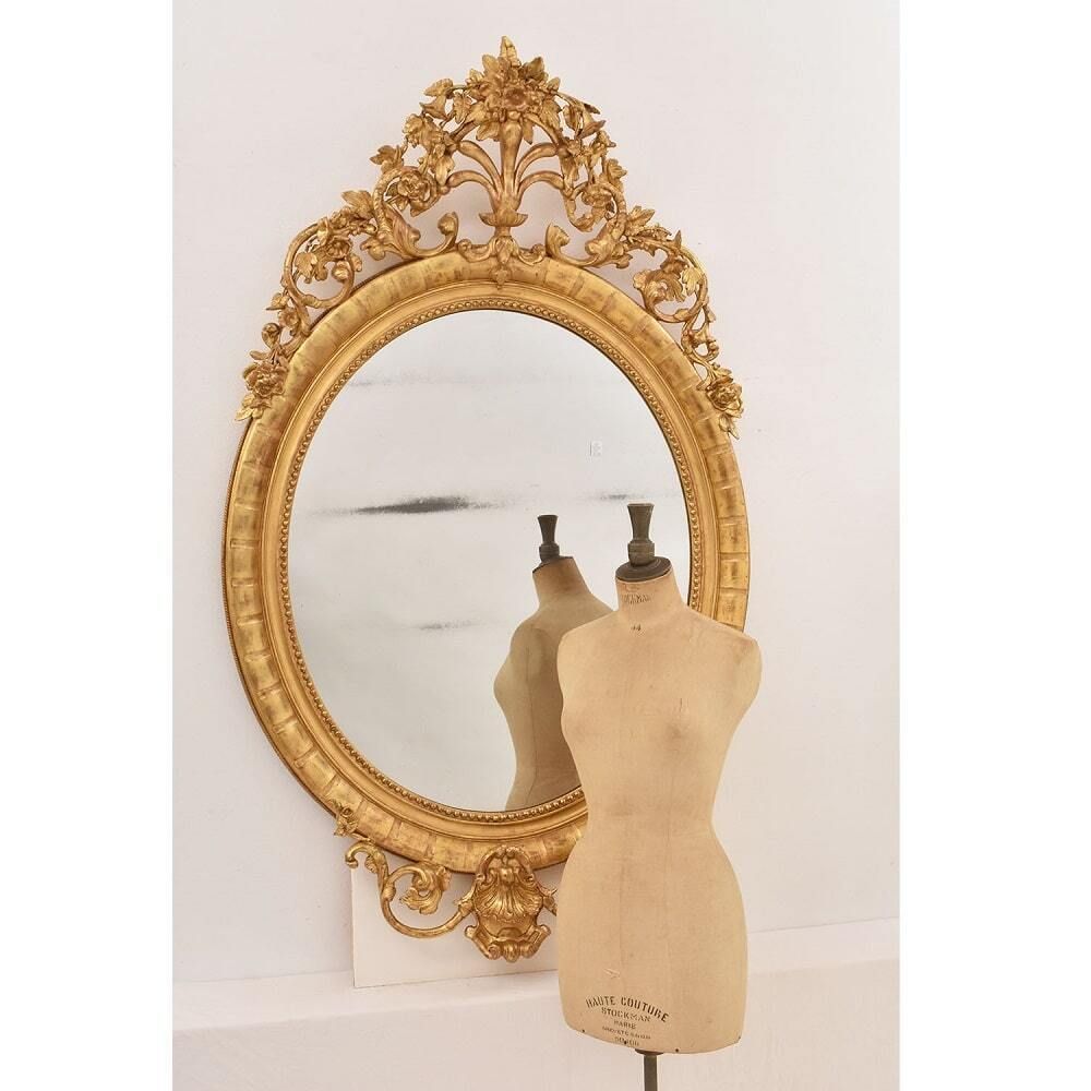 Large Antique Oval Mirror With Gilt Frames, Flowers And Scollutes,  Frame, 19th Century. (Spo198) photo for sale