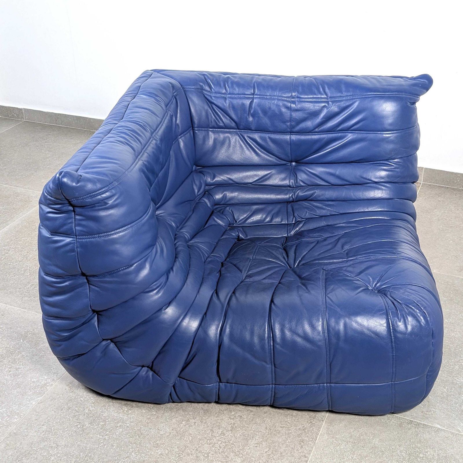 Michel Ducaroy Ligne Roset Togo Corner Sofa, French Blue Leather, 1980s