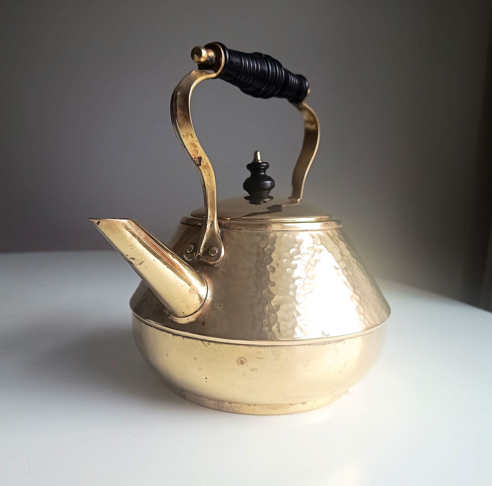 Arts & Crafts Hand Hammered Tea Pot Kettle, Riveted Heart Shaped Accents, Henry Loveridge Signed photo vintage