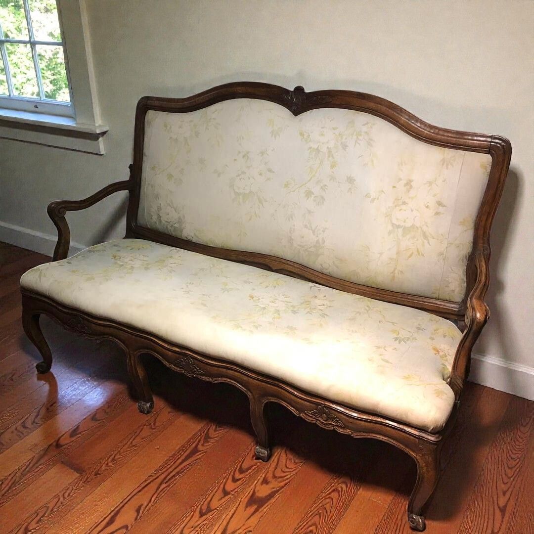 Antique French Oak Framed Settee With Wooden Arms C.1860 photo 795.0
