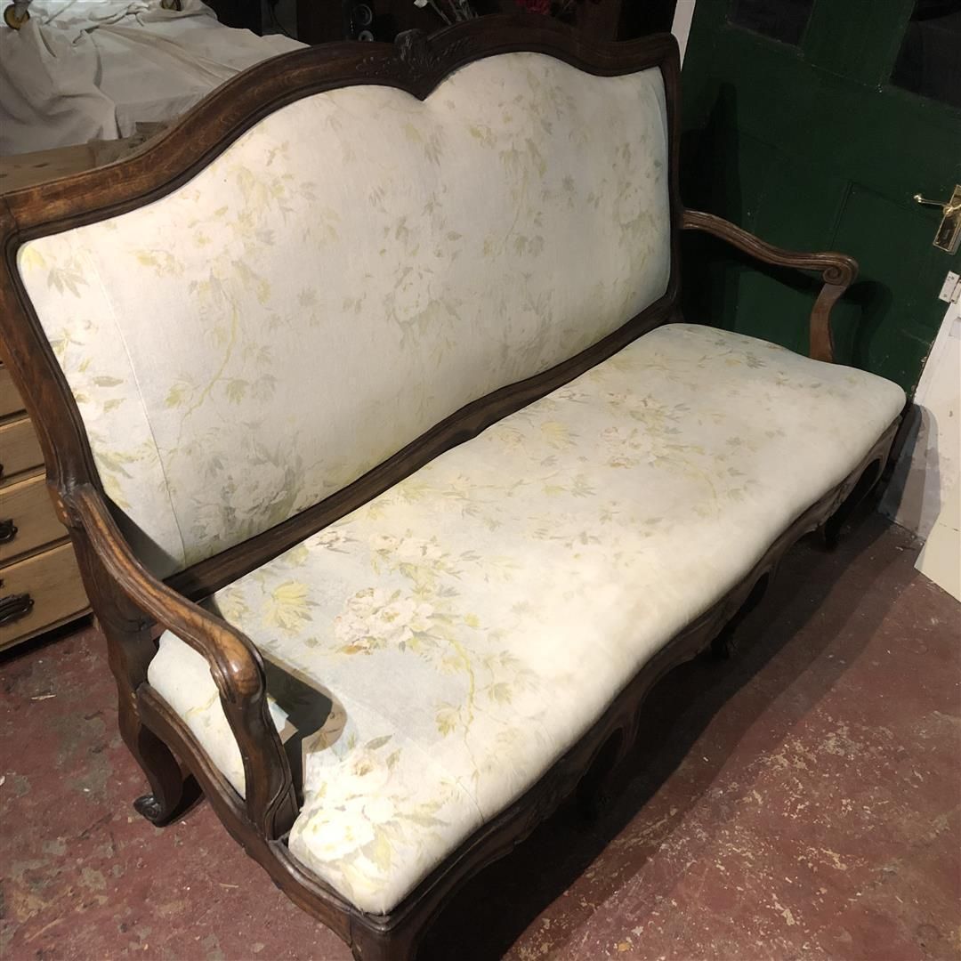 Antique French Oak Framed Settee With Wooden Arms C.1860 photo vinterior