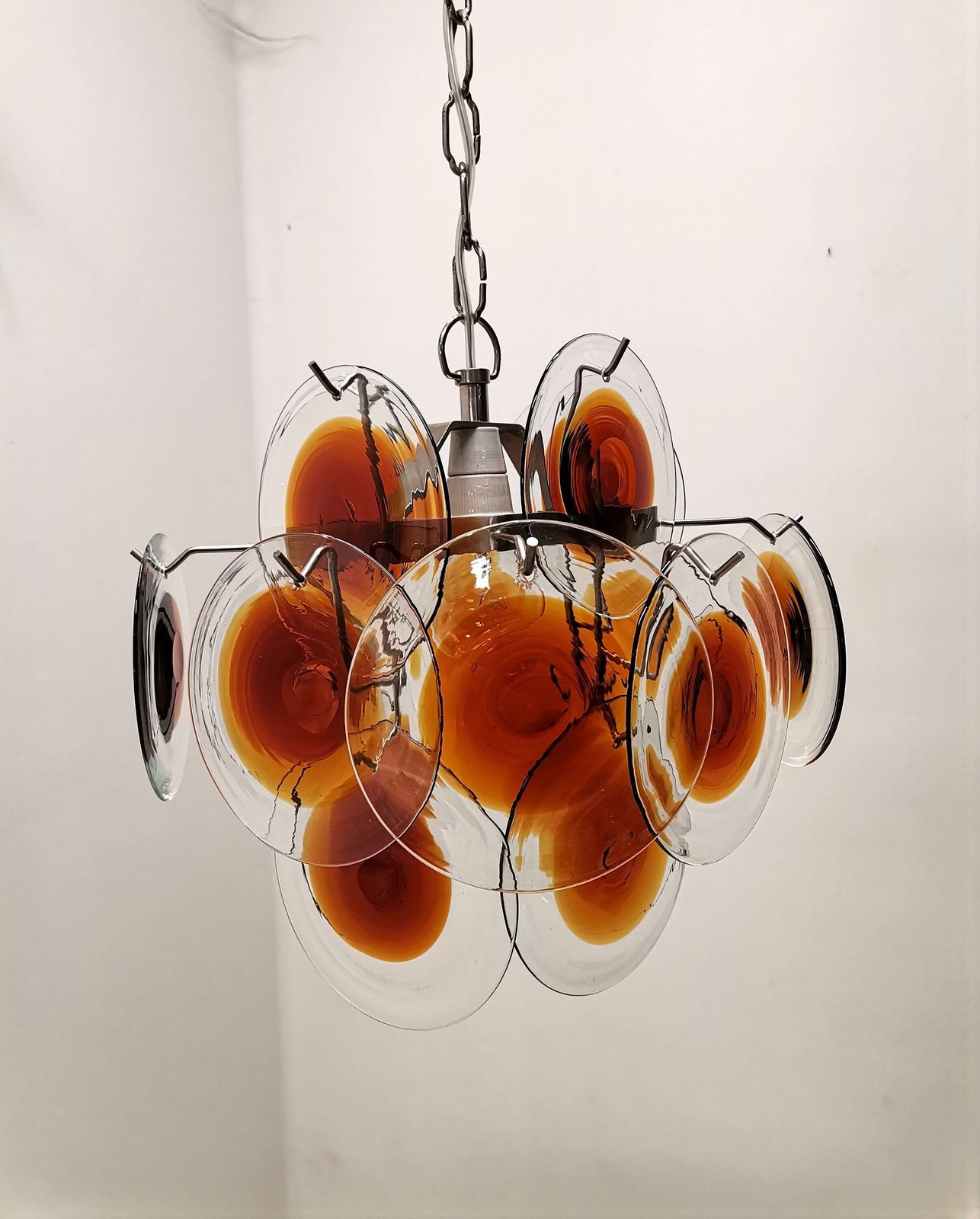 Vintage Murano Disc Chandelier With 16 Glass Discs /For Mazzega / Space Age / 1960s Italy / Mid Century Modern