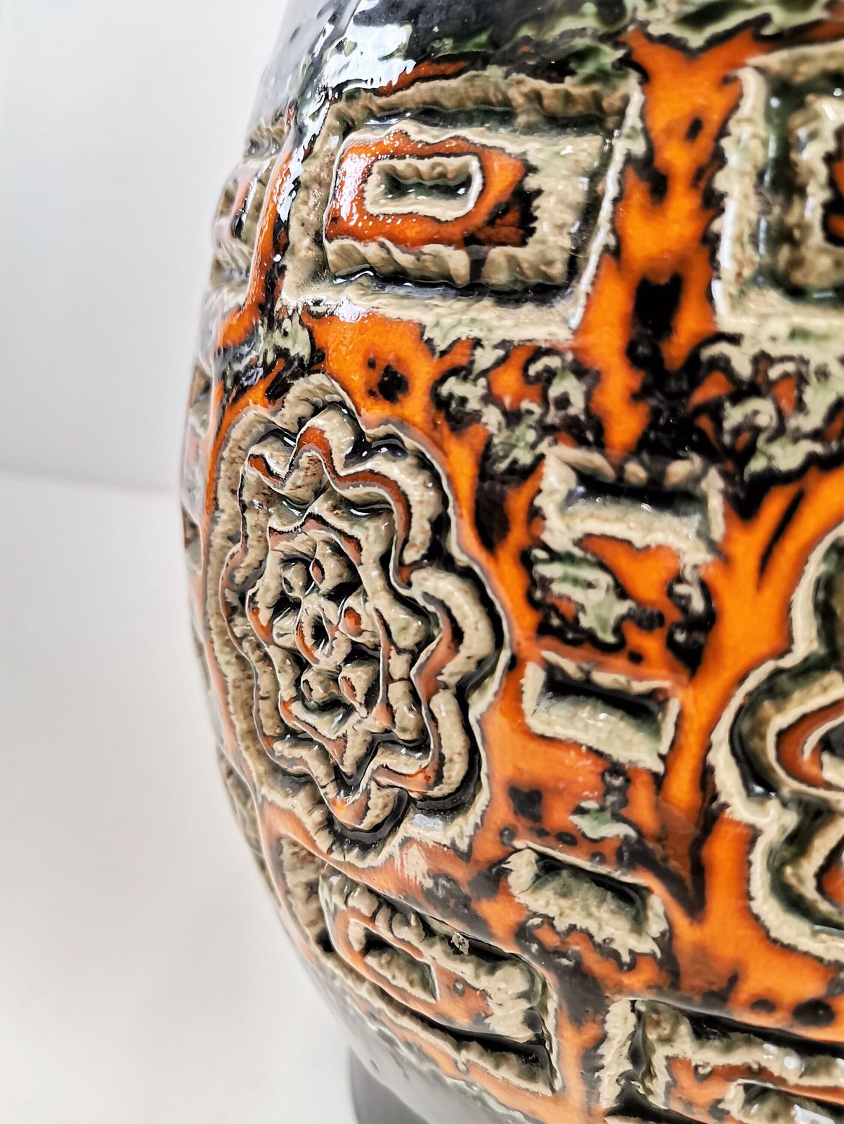 Mid Century Glazed Vase With Relief Carved Pattern / Vintage Vase By U Keramik   Uebelacker Keramik / West German Pottery photo for sale