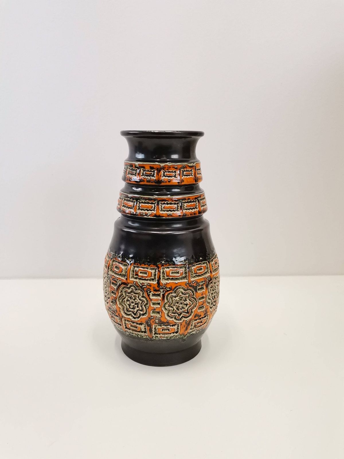 photo furniture Mid Century Glazed Vase With Relief Carved Pattern / Vintage Vase By U Keramik   Uebelacker Keramik / West German Pottery