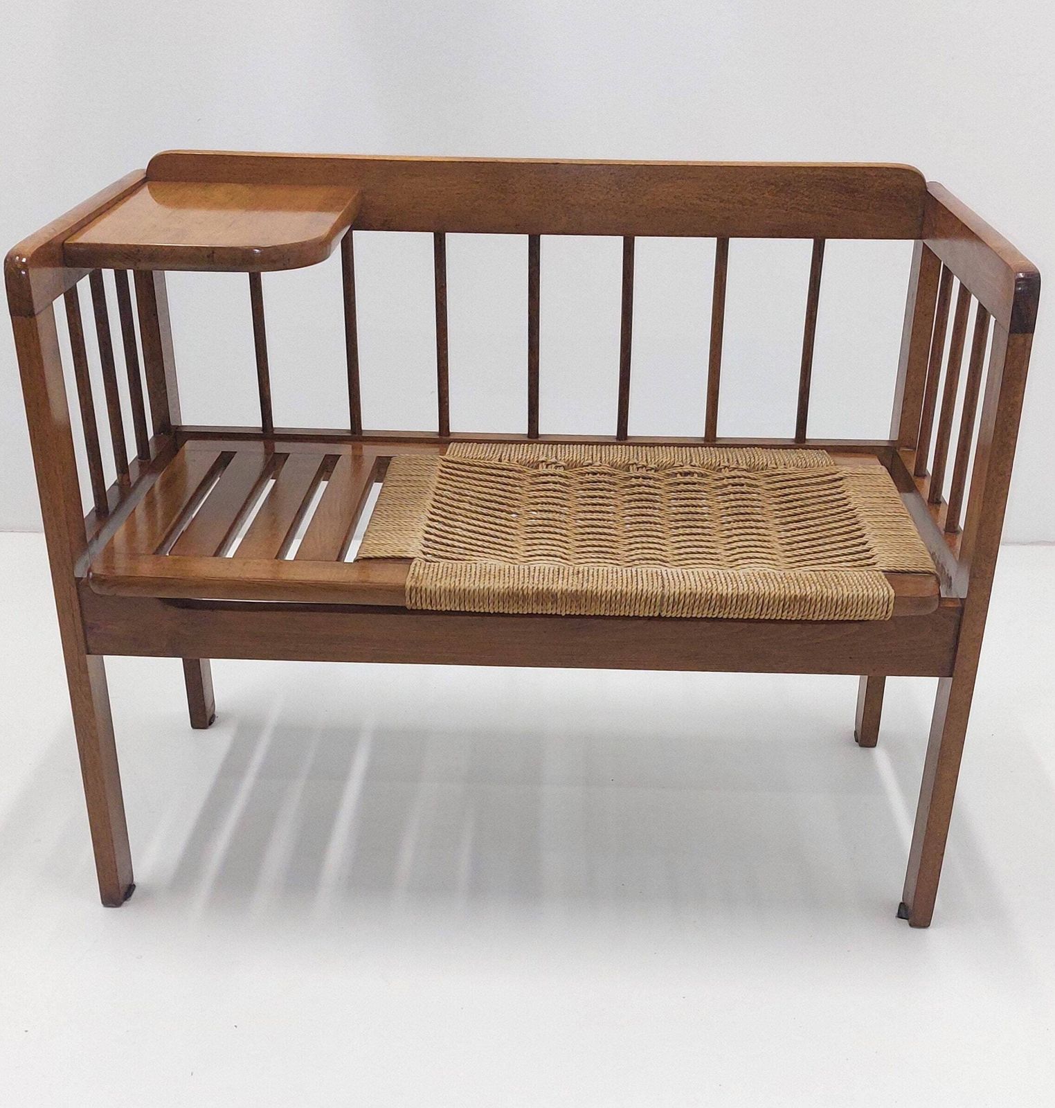Hans Wegner Style Bench / Vintage Woven Rope Telephone Bench / 1960s 1970s Mid Century Modern photo for sale
