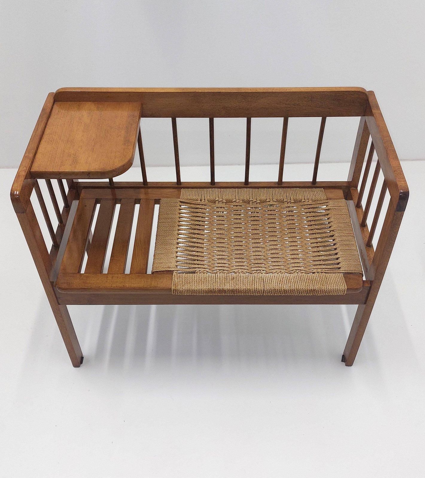 Hans Wegner Style Bench / Vintage Woven Rope Telephone Bench / 1960s 1970s Mid Century Modern photo buy