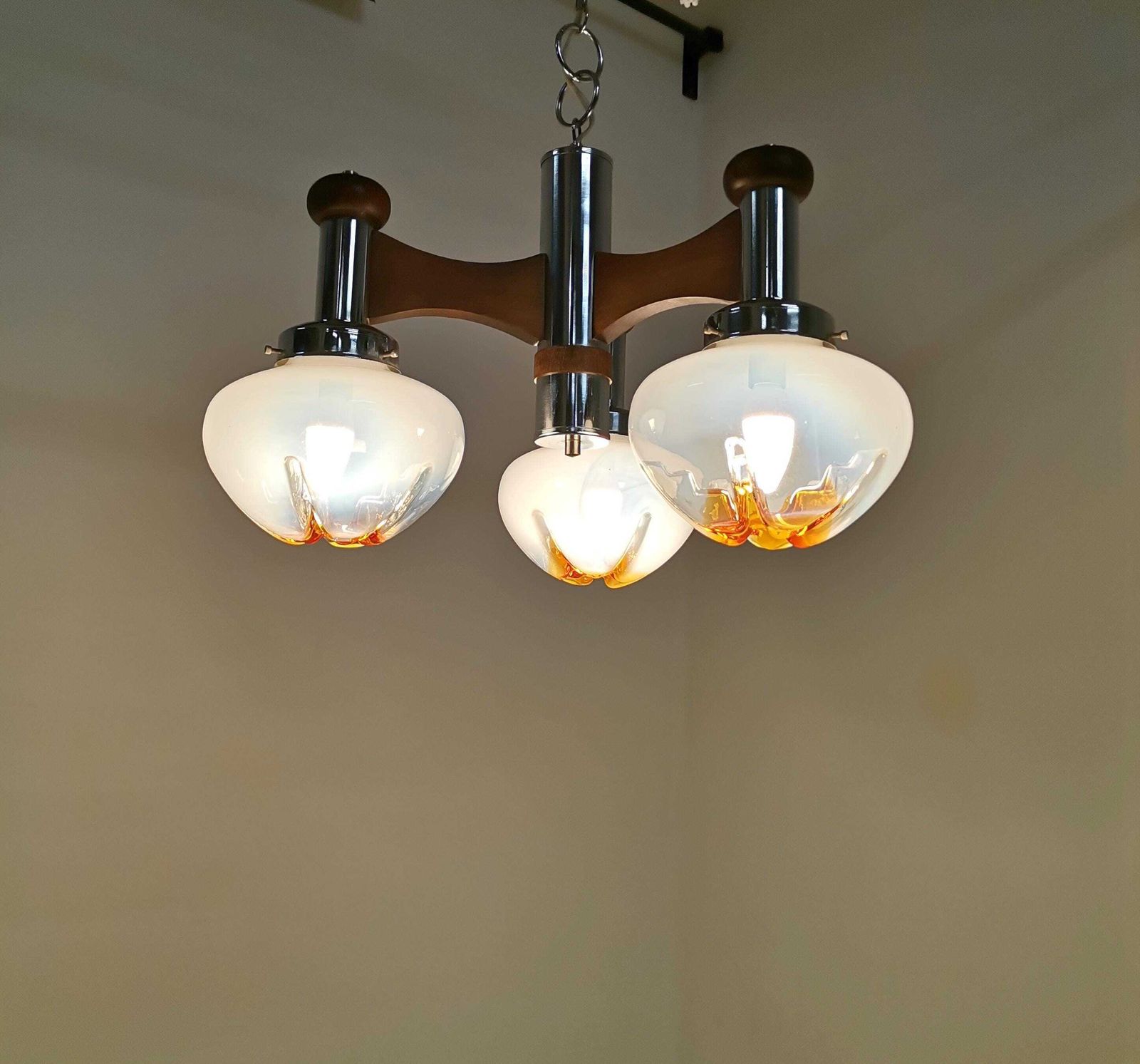 Large Three Arm Mazzega Style Murano Pendant Light / Murano Chandelier With Chrome And Wood / 60s Italy photo 342.0