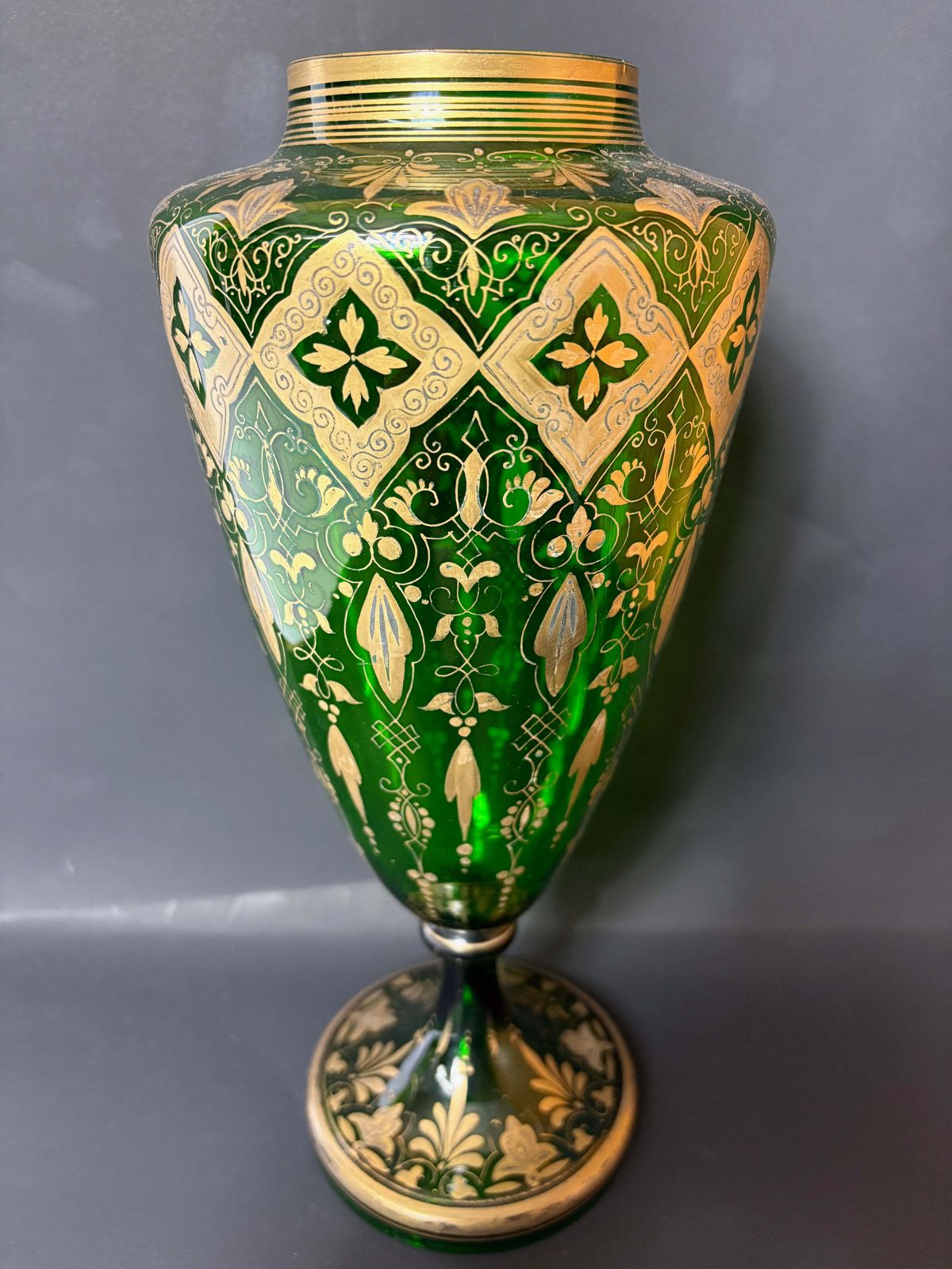 Late 19th‑Century Bohemian Gilt Green Glass Pedestal Vase, C.1880–1900, 32 Cm photo for sale