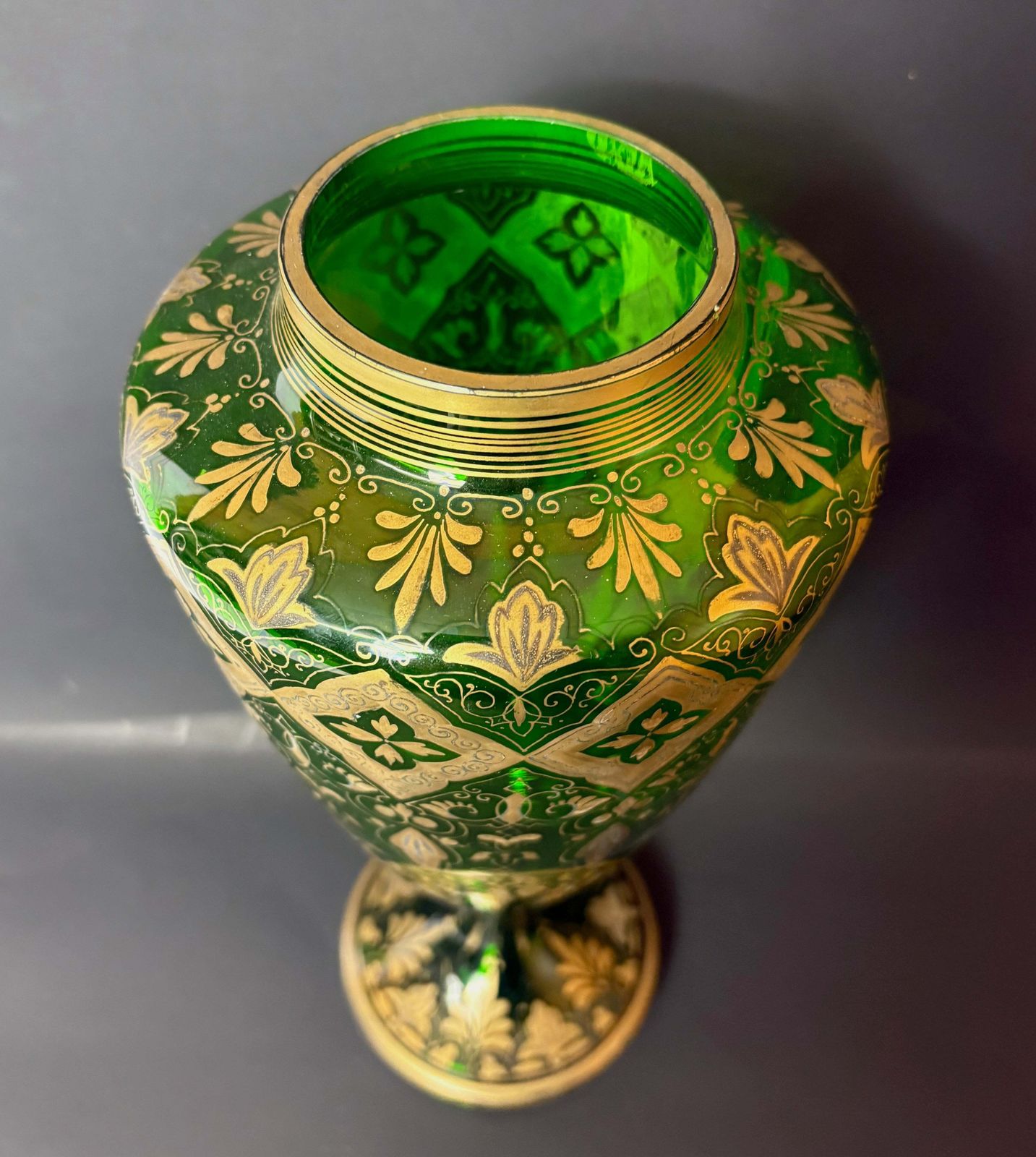 Late 19th‑Century Bohemian Gilt Green Glass Pedestal Vase, C.1880–1900, 32 Cm photo Home Decor