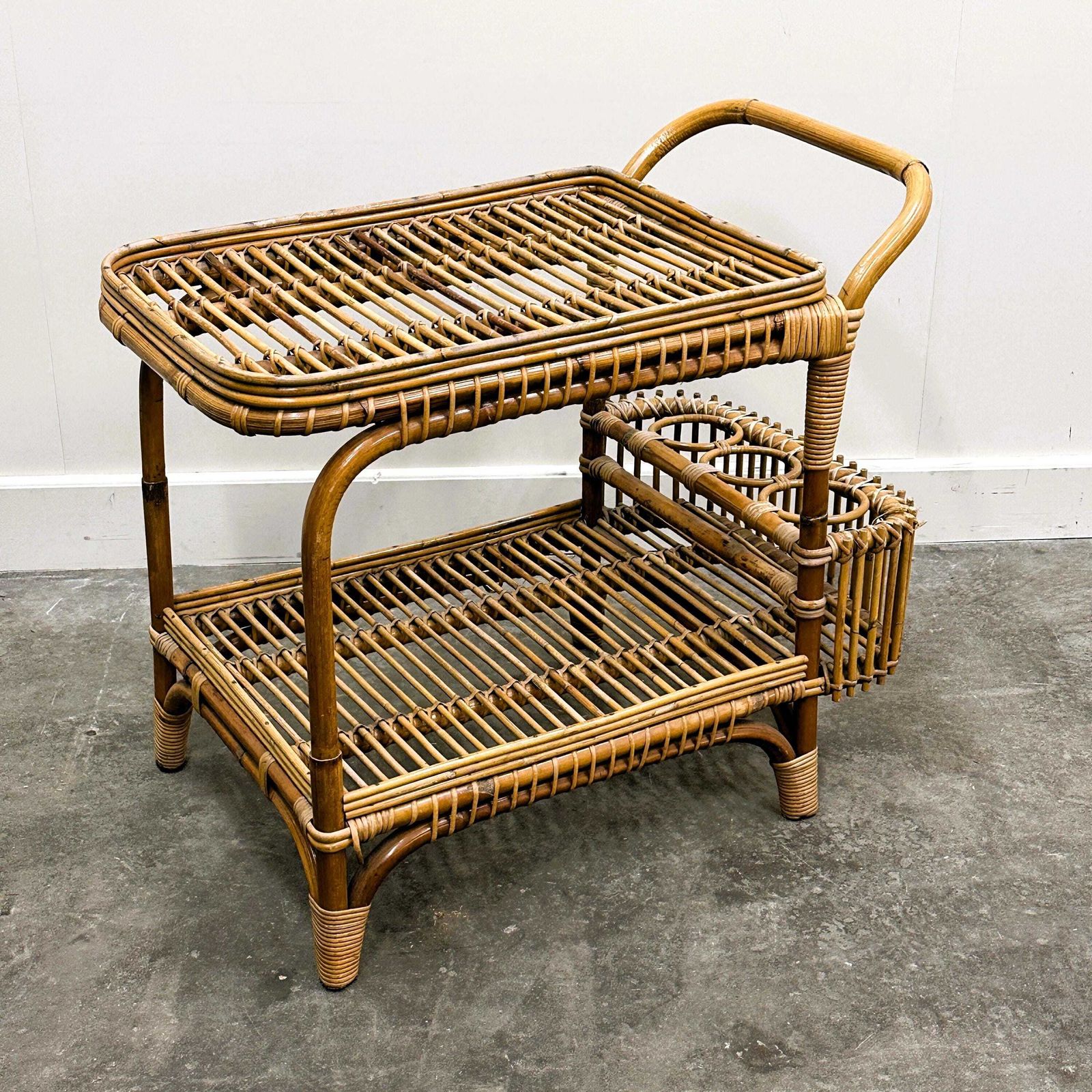 photo furniture Vintage Italian Rattan Bar Cart With Bottle Holder, 1970s