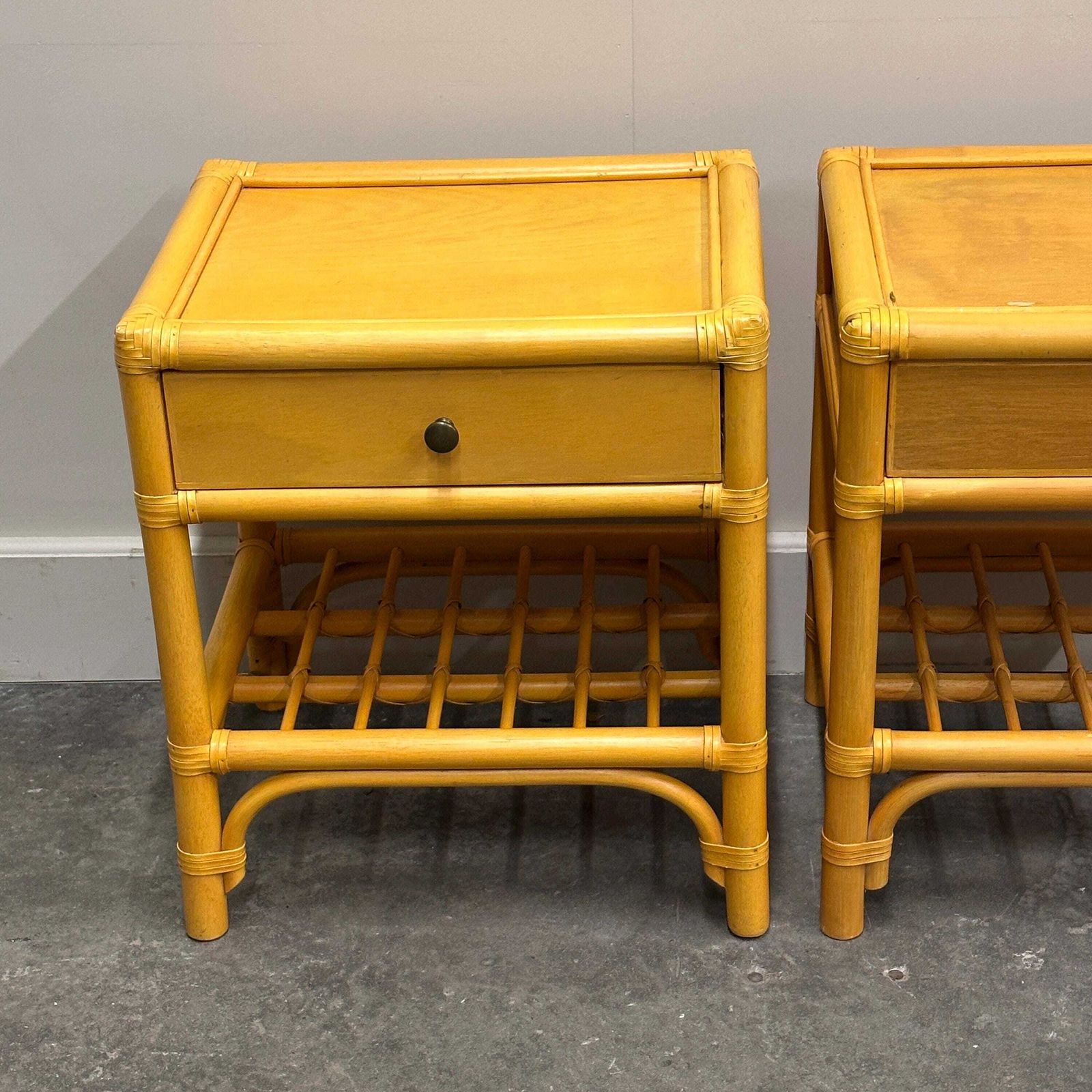 Pair Of Vintage Bamboo & Wood Nightstands With Drawer, 1970s photo for sale