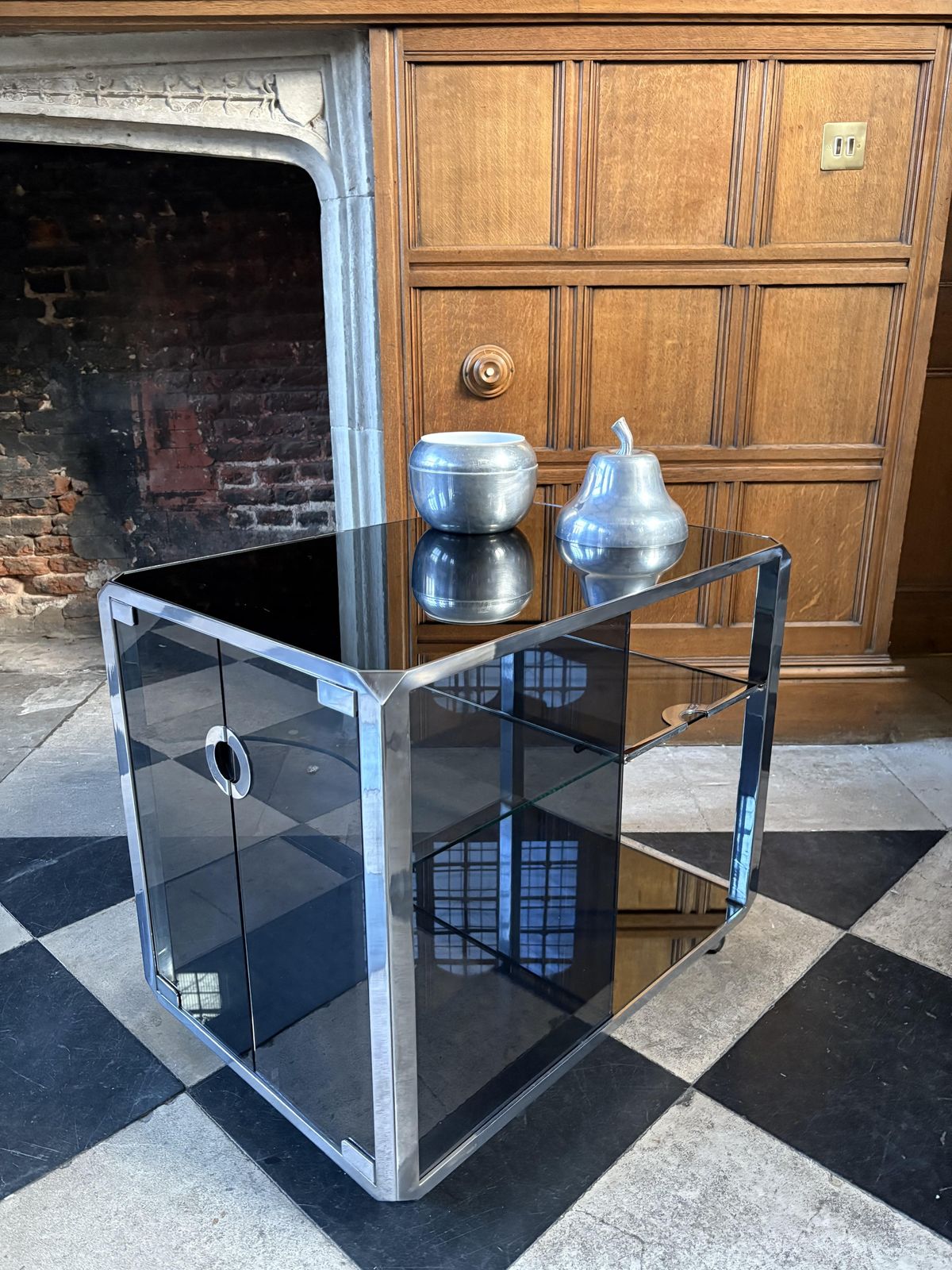 1970s Willy Rizzo For Mario Sabot “Alpha” Bar Cart In Smoked Glass & Chrome photo vinterior