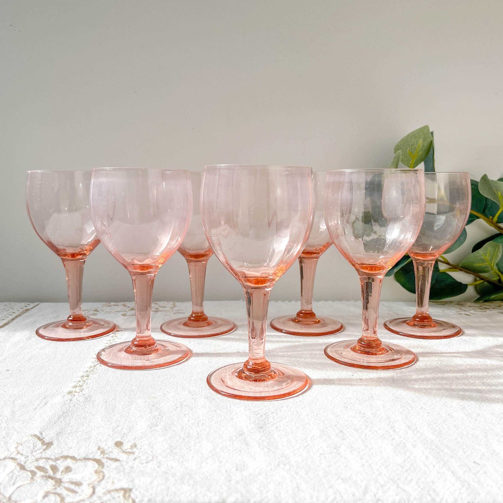 7 Vintage Faceted Pink Glass Water Glasses – 1950s – French Elegance photo furniture