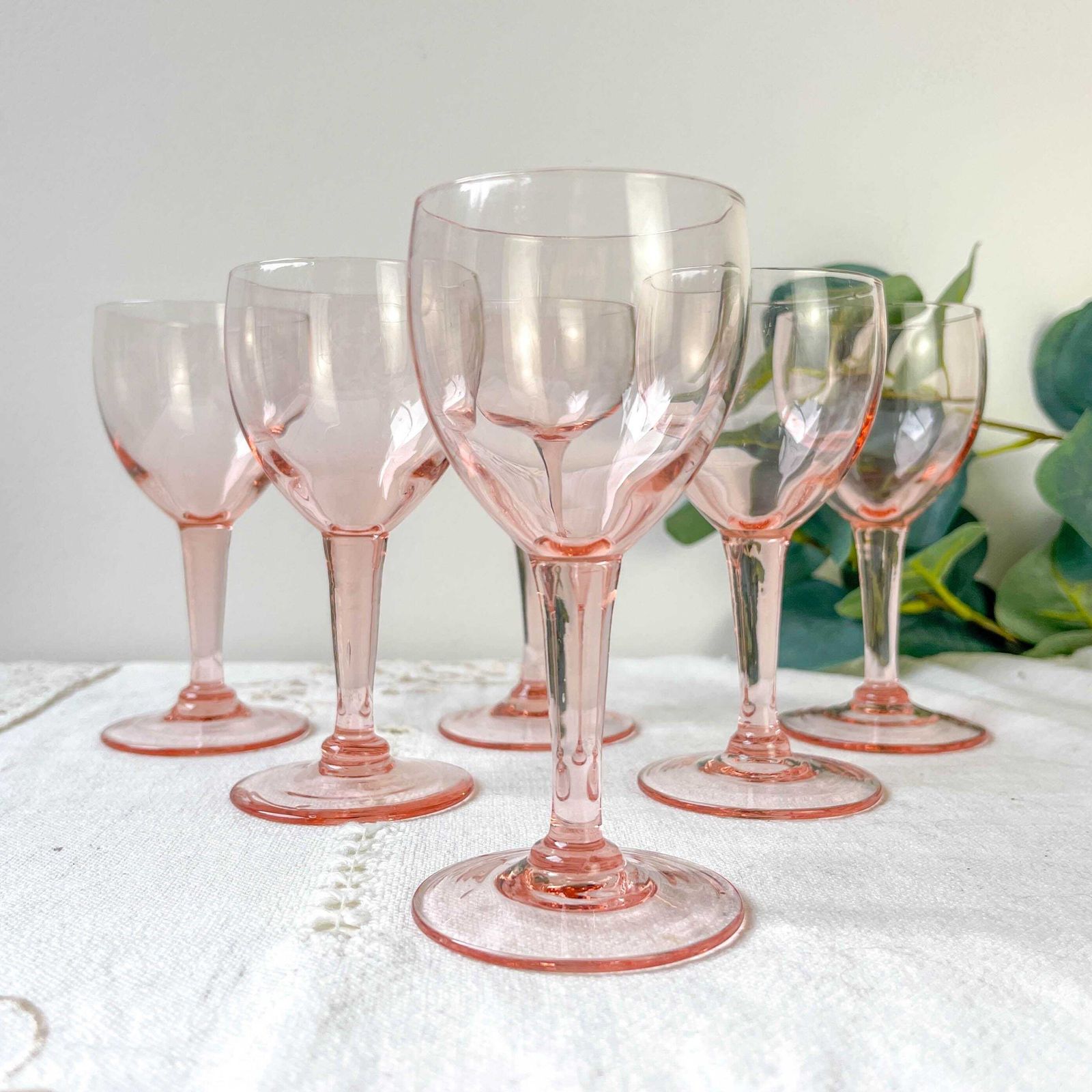 6 Vintage Faceted Pink Glass Red Wine Glasses – 1950s – French Elegance