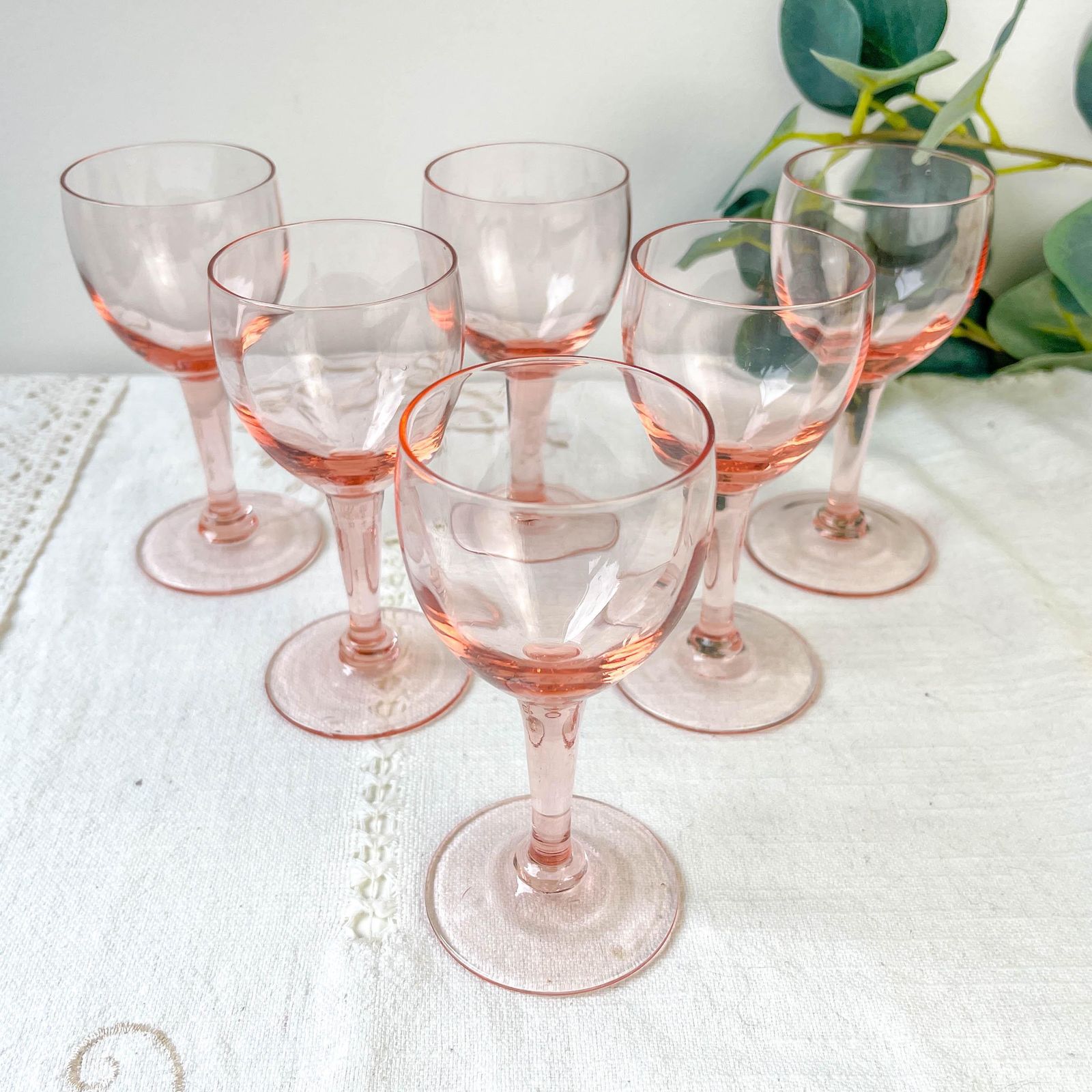 6 Vintage Faceted Pink Glass Red Wine Glasses – 1950s – French Elegance photo furniture