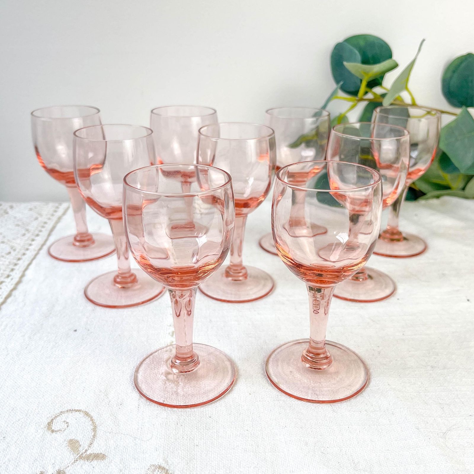 9 Vintage Faceted Pink Glass White Wine Glasses – 1950s – French Elegance photo furniture