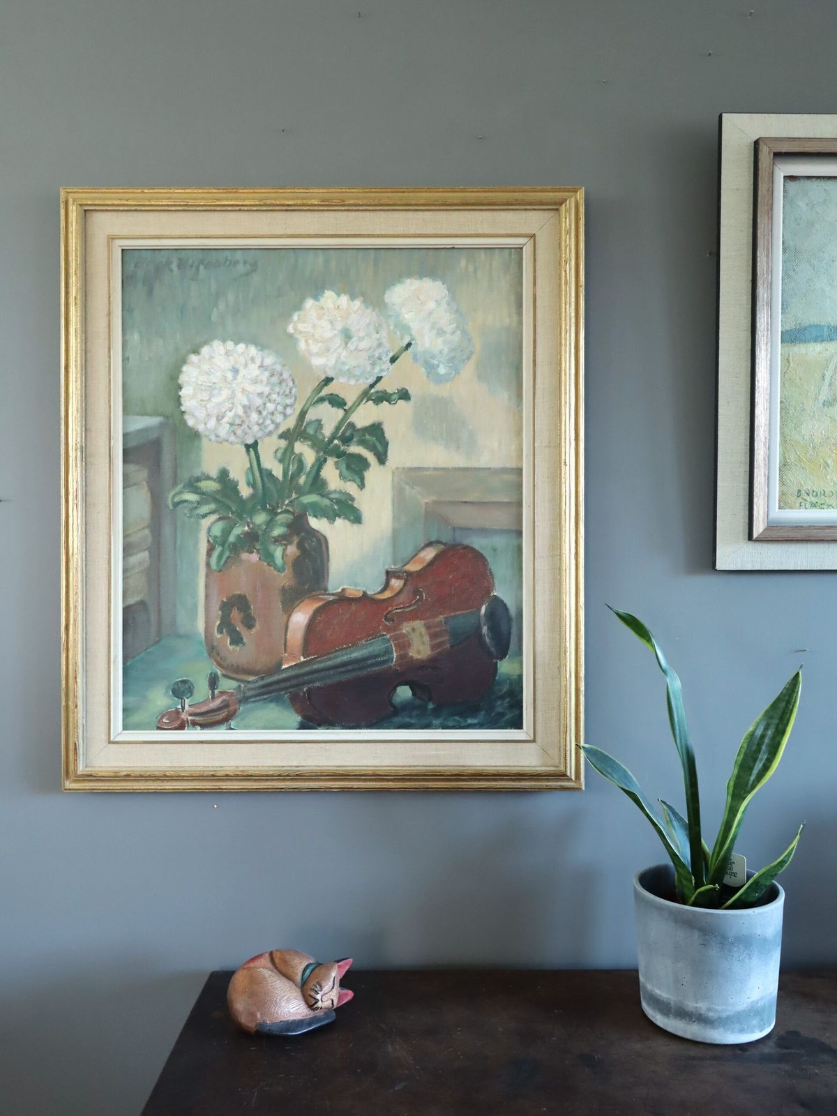 Violin & Flowers Painting, Mid 20th Century photo for sale